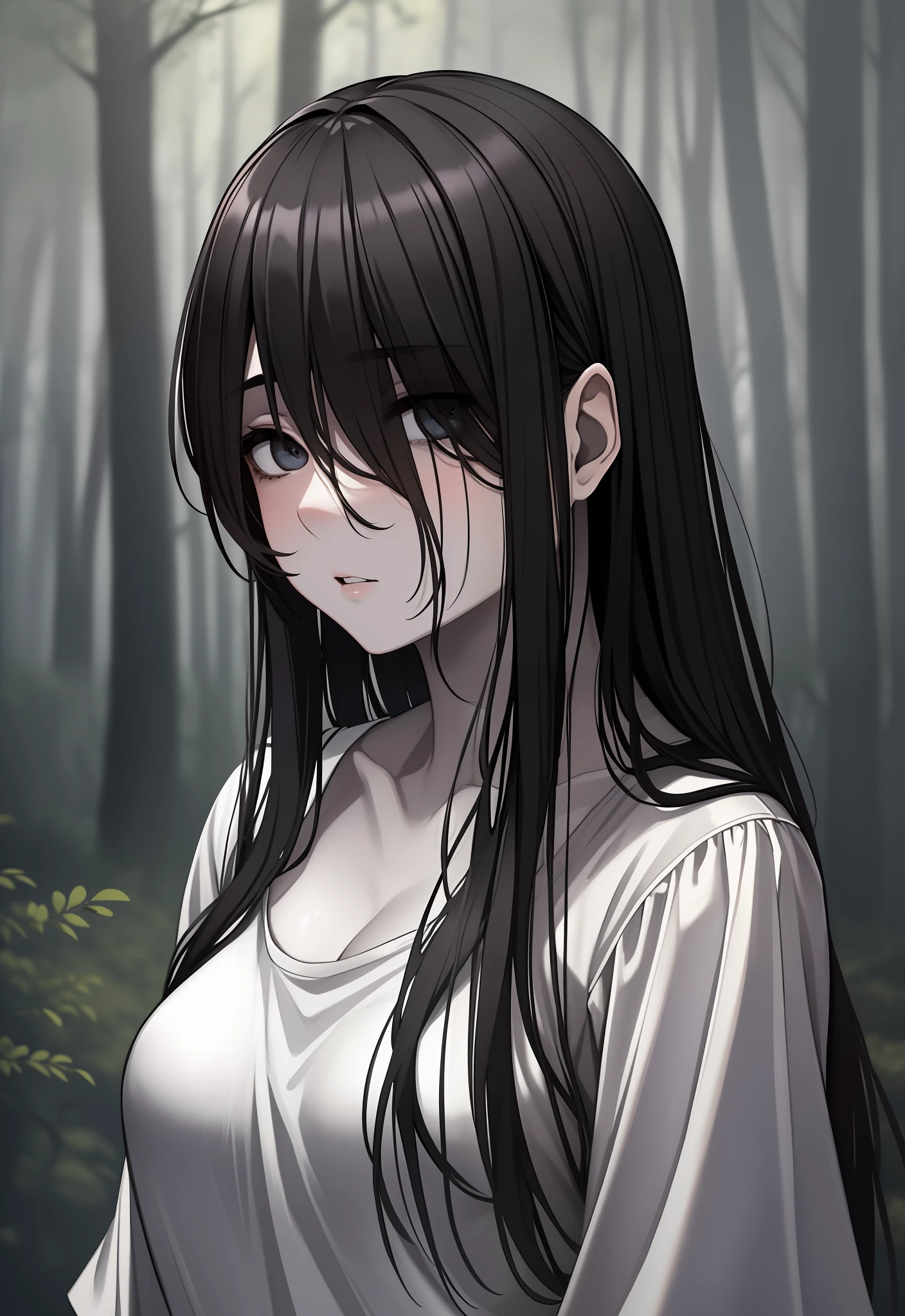 ((masterpiece)), (best quality), (absurdists), black hair, yamamura_sadako, white dress, (grey skin), hair over eyes, eyes covered, looking at the viewer in the dark forest