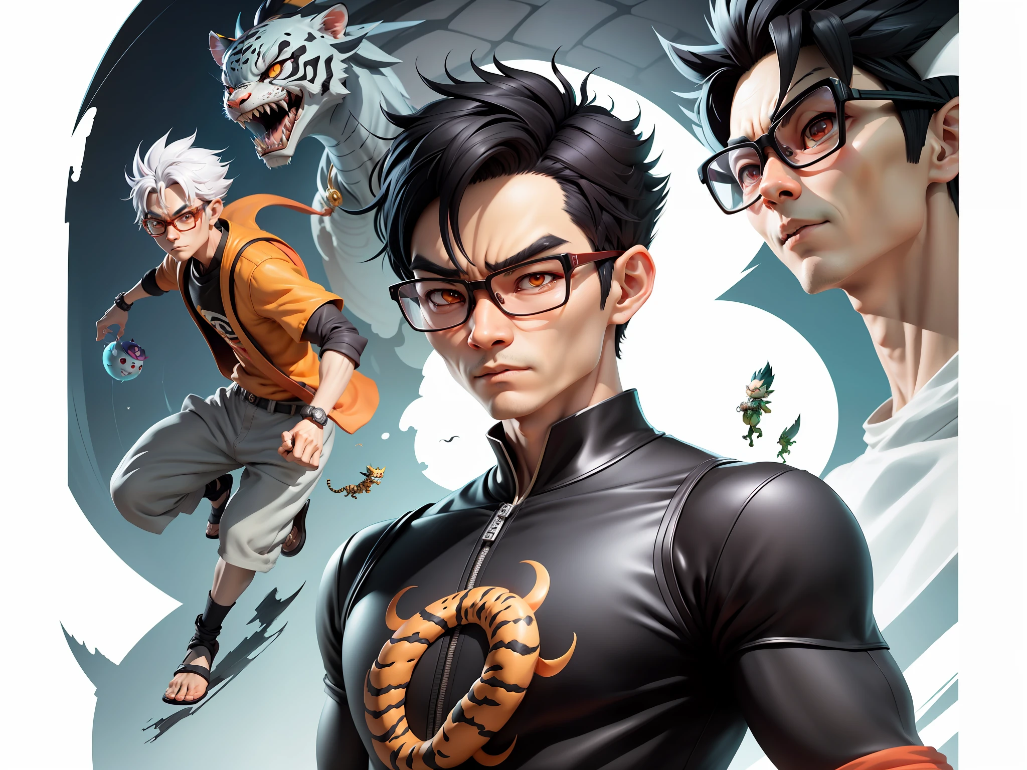 Oriental face young man wearing dragon shirt wearing silver glasses, black super short hair, tiger, digital painting, 3D character design by Mark Clairedon and Pixar and Hayao Miyazaki and Akira Toriyama, the illustration is a 4K resolution HD illustration with very detailed facial features and cartoon-style visual effects.