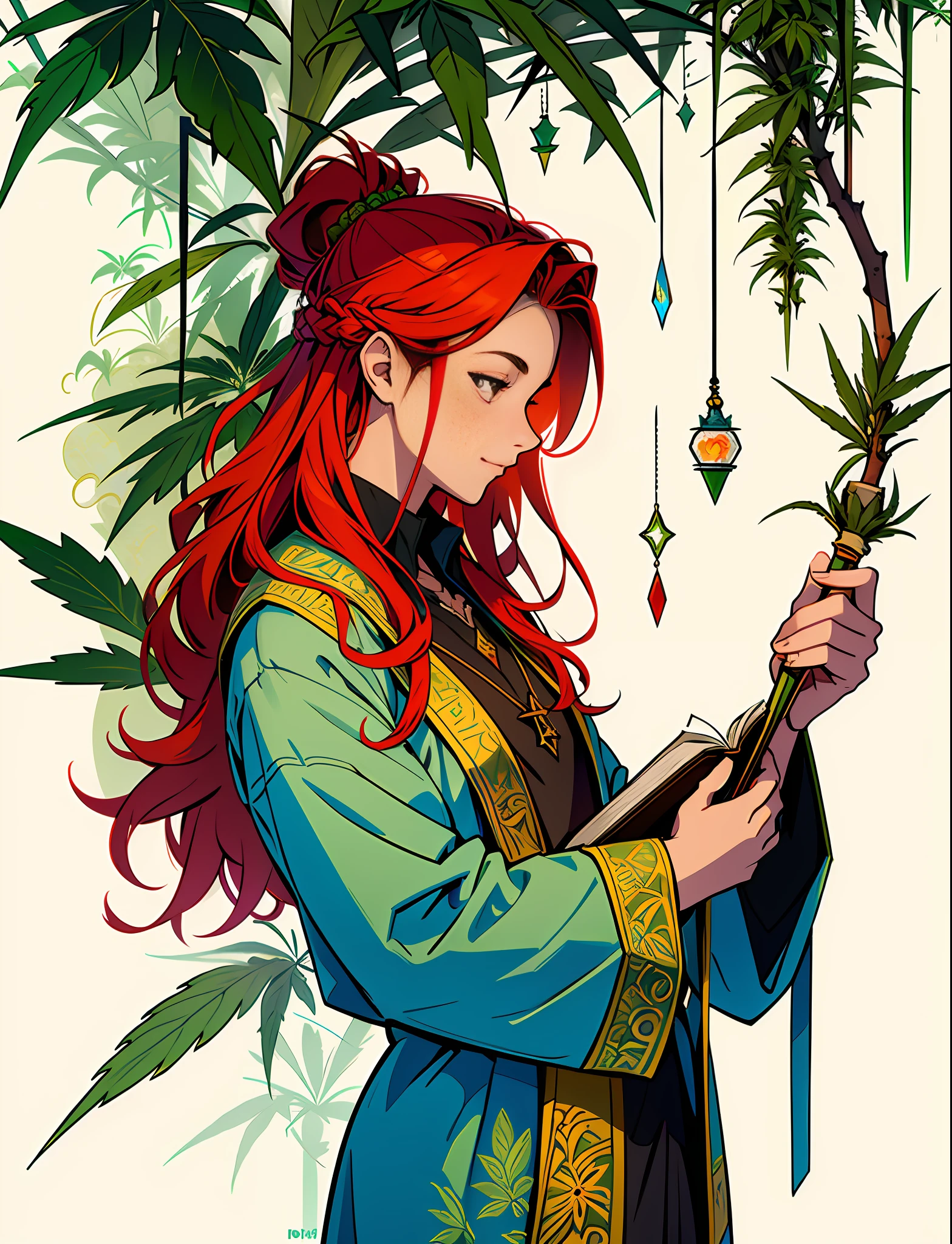 Close up closeup Hemp, leaf, marijuana, cannabis cone, ((illustration)), colorful, wallpaper, energy, secret, magical environment, magical environment, magic wand, books, pages flying in the sky, omniscience, prediction of the future, understanding the past, frost magic, spells, red hair, long hair, --v 6