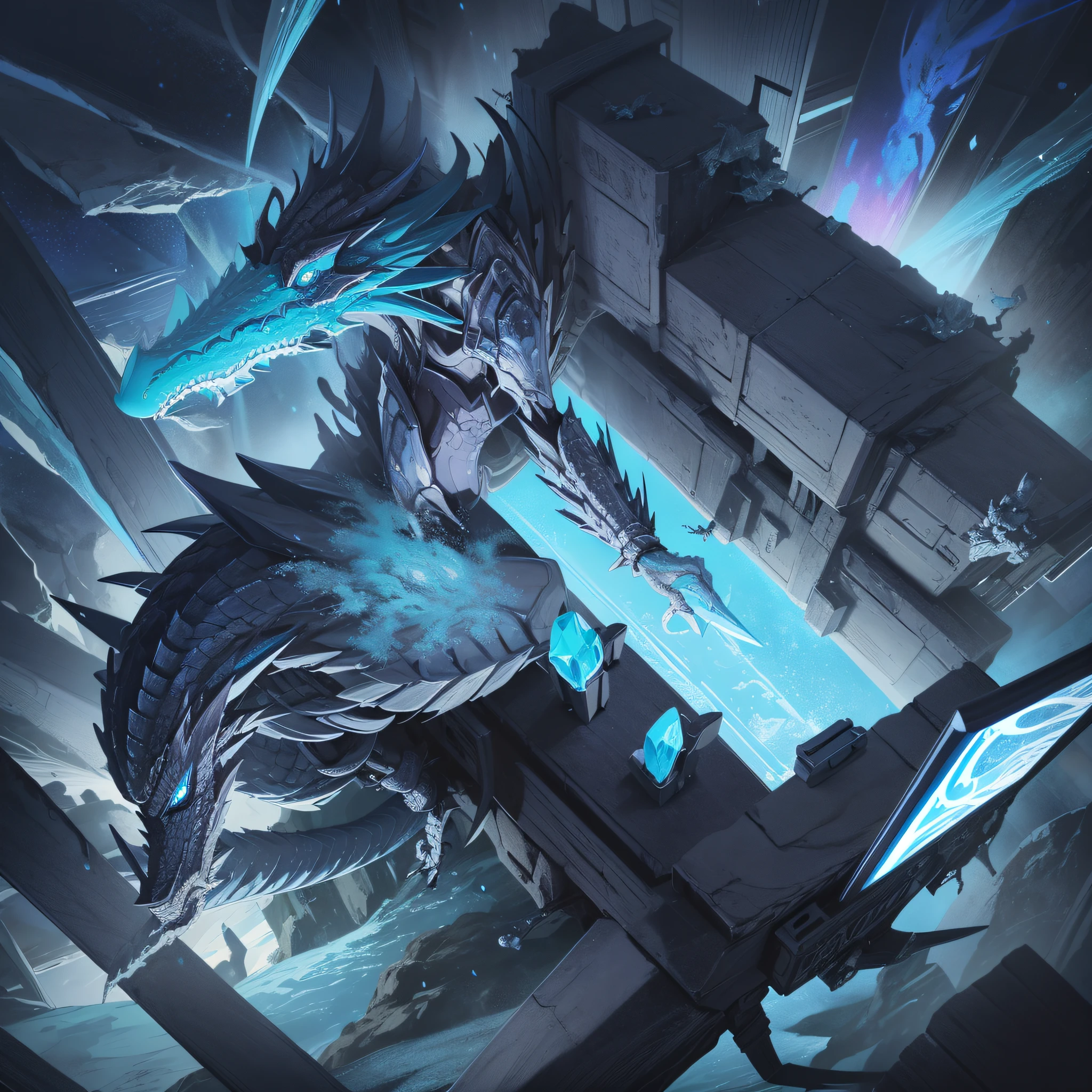 There is a dragon with a blue and black body and wings, Frost Dragon, Storm Dragon, Crystal Dragon, Scar Dragon, Dragon King, Epic Dragon, Cyborg Dragon Portrait, Legendary Dragon, Blue Scale Dragon, Full Body Dragon Concept, Black Dragon, Scary Sharp Icy Cold, Stern Design, Demon Black Blue-Purple, Bardas Dragon, Arduin, Dark and Terrible City