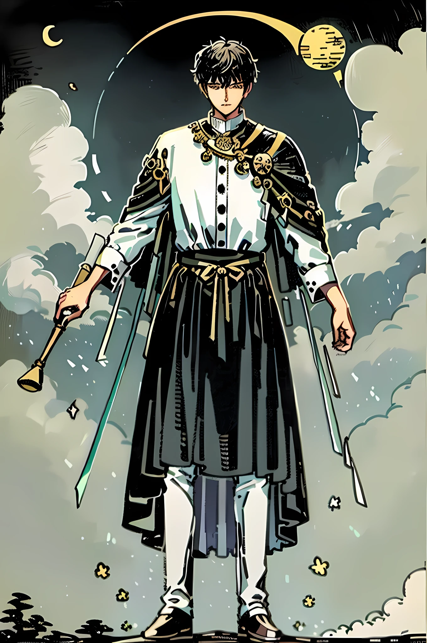 masterpiece, best quality, full body, tarot card, 1 man, calm, the moon, wisdom, knowledge, suit, short hair, black hair, muscle, brush cut, the king, white shirt