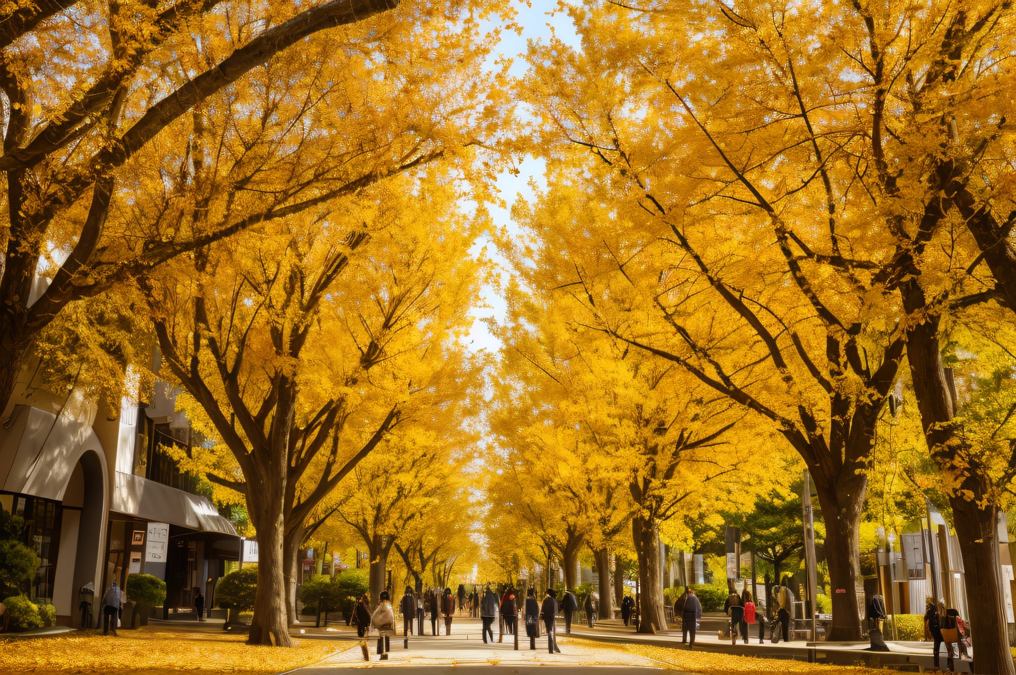 araffes of people walking down a sidewalk in a city, maple trees along street, autum, in autumn, a green gold forest in japan, golden autumn, october, vivid), beautiful high resolution, autumn season, mega, autumn, golden leaves, brilliant, during autumn, in the autumn, shutterstock, the photo shows a large
