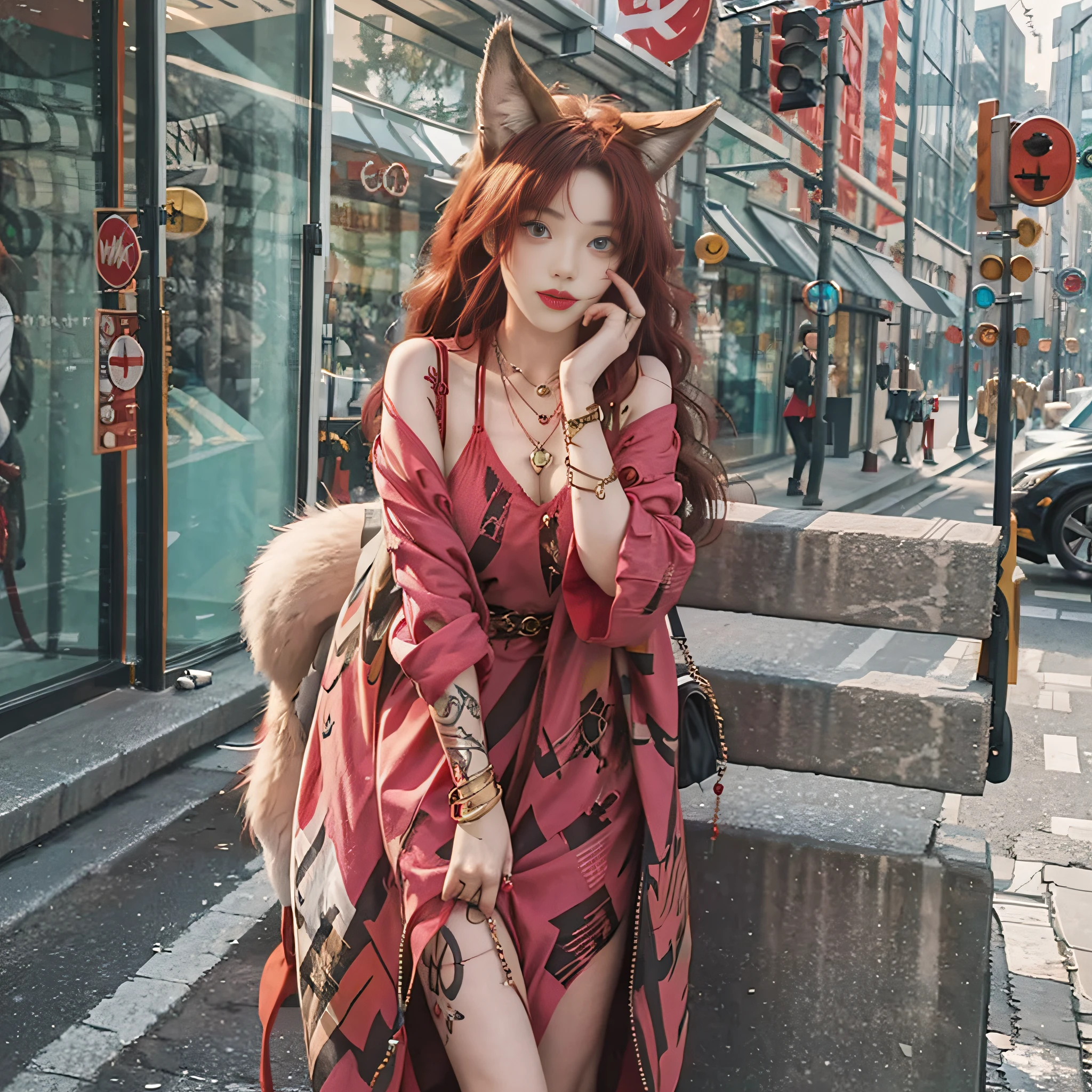 Wolf girl, red hair, wolf tail, wolf ears, necklace, anklet, tattoo, young, trench coat, golden eyes, fangs, bracelet, street