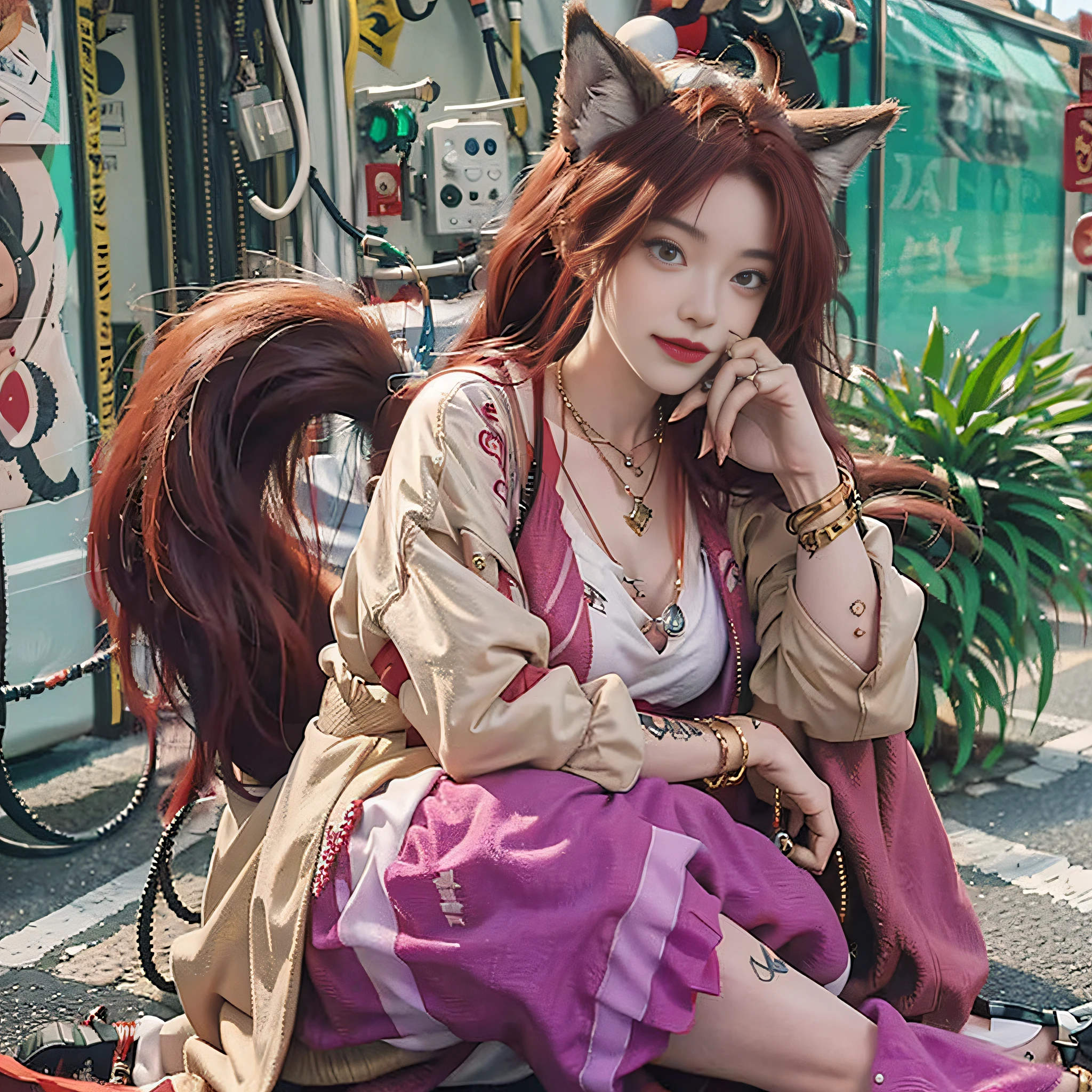 Wolf girl, red hair, wolf tail, wolf ears, necklace, anklet, tattoo, young, trench coat, golden eyes, fangs, bracelet, street