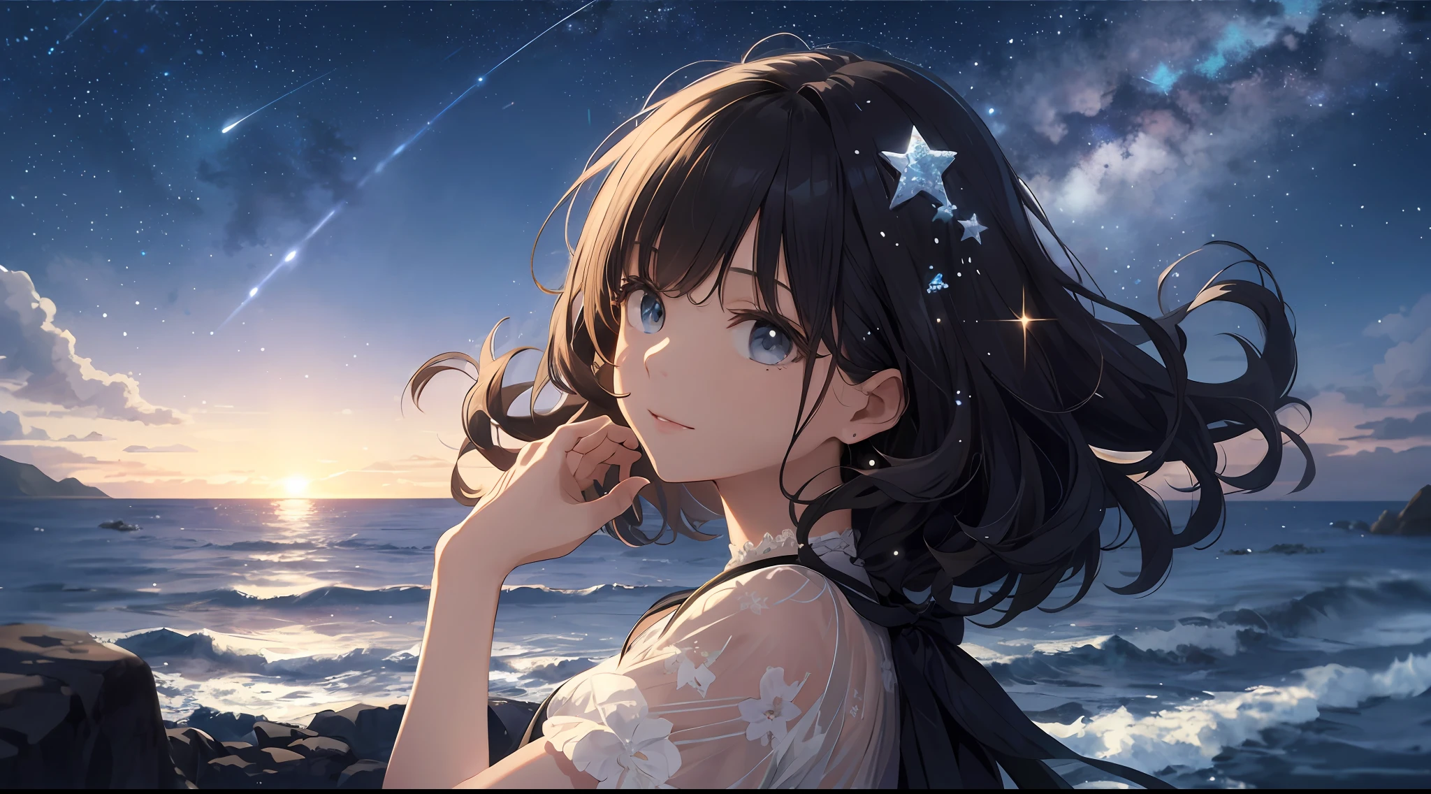 (Best Quality: 1.5), (Super Detail: 1.5), (Best Quality Photo: 1.5), Ocean as far as the eye can see, Full of stars, Meteor shower, Pitch Black Sea, Midnight, Midnight, Galaxy, Nebula, Light particles, Very Delicate and Beautiful, Very Detailed, Mysterious, Cinematic Angle, 8K Resolution, Elegant, Perfect, Smooth, Beautiful Girl Looking to the Heavens, Very Cute, Curly,