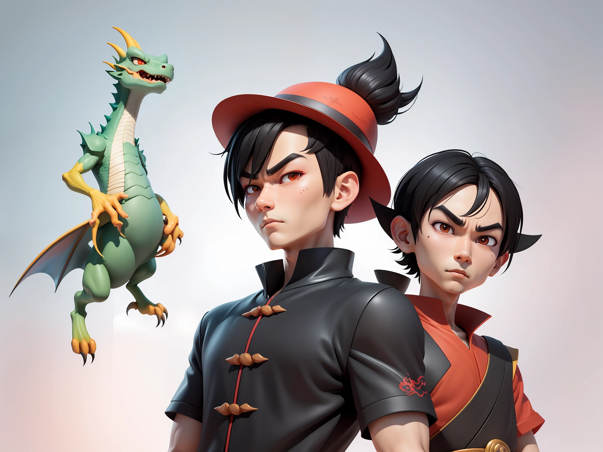 Oriental face young man wearing hat wearing dragon shirt, short black hair, digital painting, 3D character design by Mark Clairedon and Pixar and Hayao Miyazaki and Akira Toriyama, the illustration is a high-definition illustration in 4K resolution with very detailed facial features and cartoon-style visuals.