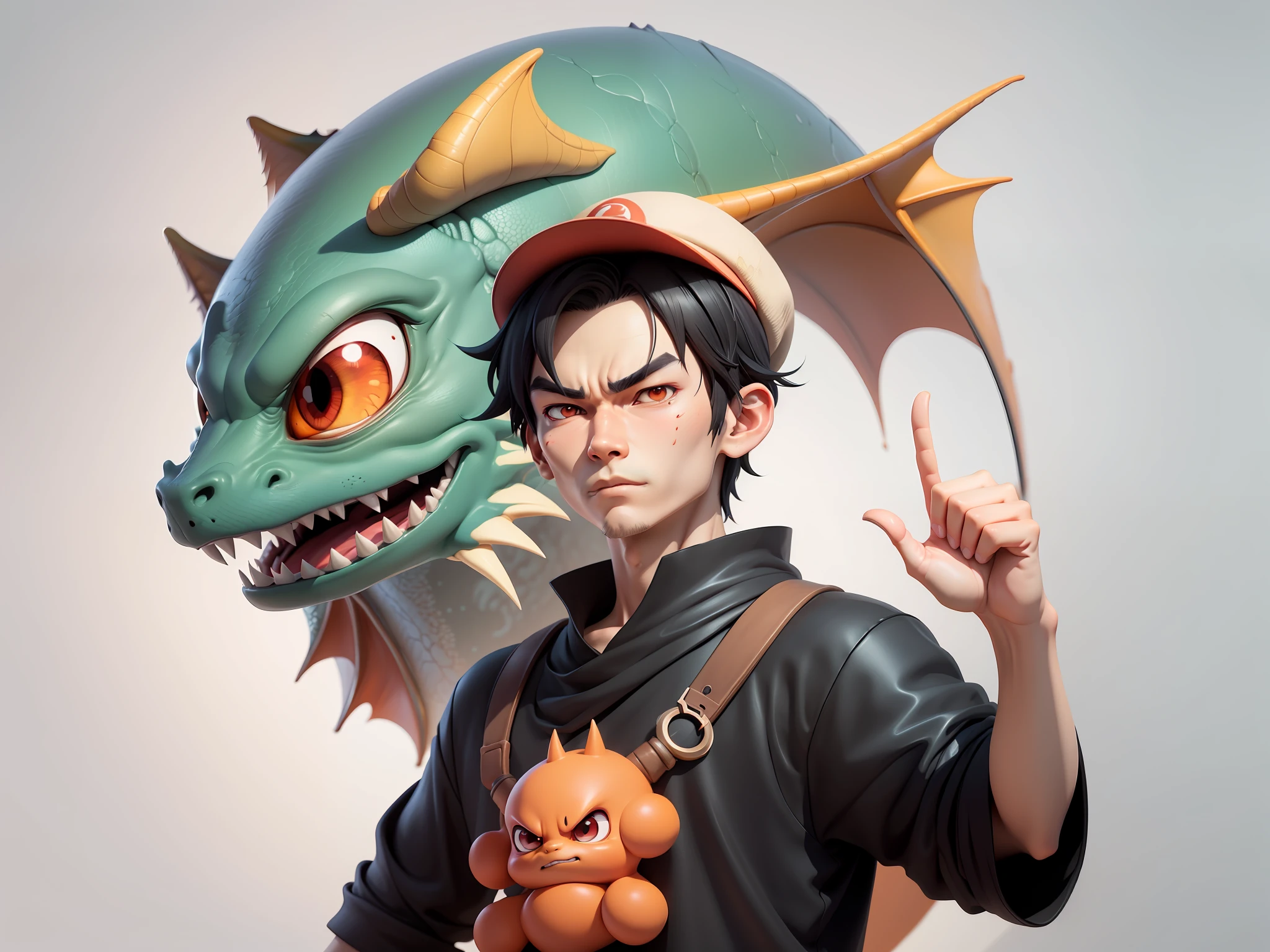 Oriental face young man wearing hat wearing dragon shirt, short black hair, digital painting, 3D character design by Mark Clairedon and Pixar and Hayao Miyazaki and Akira Toriyama, the illustration is a high-definition illustration in 4K resolution with very detailed facial features and cartoon-style visuals.