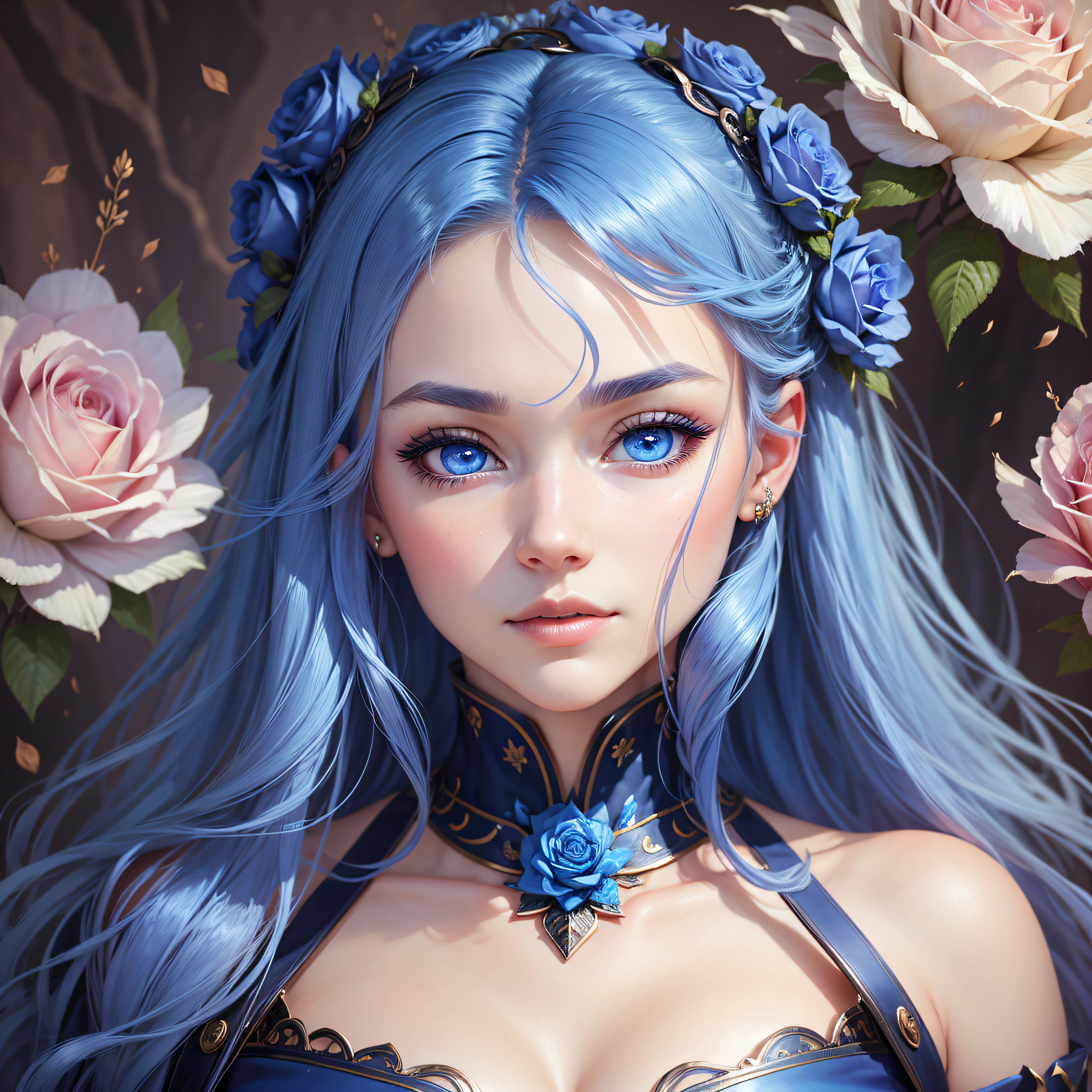 Highly detailed beauty series, full body detail display, fantasy portrait semi-realistic face, big blue eyes, slimming face, rose background, accounting for 4/3, flowing blue hair --auto --s2