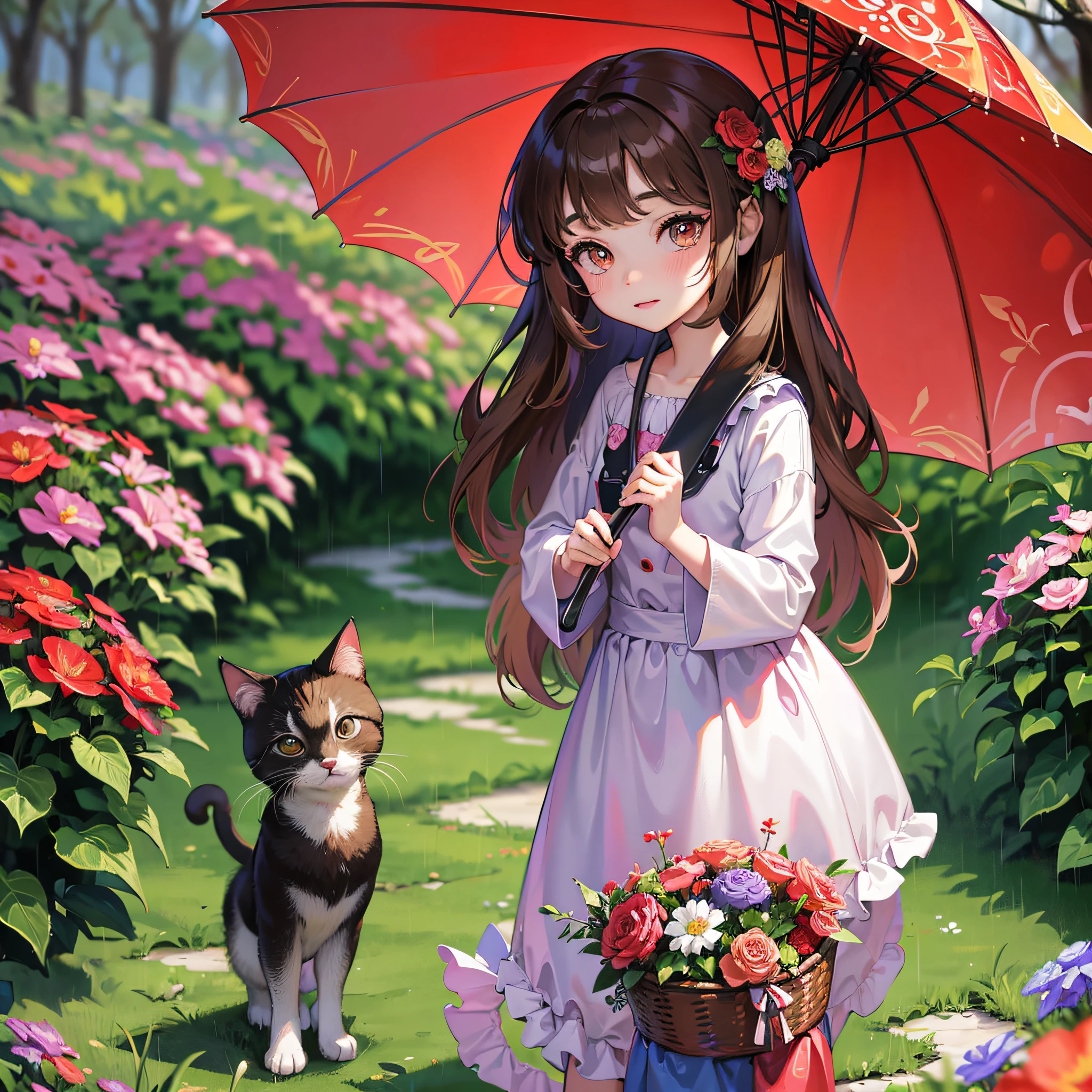 A five-year-old girl with long brown hair holding a red umbrella looks at a kitten on the ground, rainy day, surrounded by flowers, Pixar style, cartoon style, animation style, fairy tale world, rich in detail, -ar 3:4-q 2-niji 5 --auto --s2