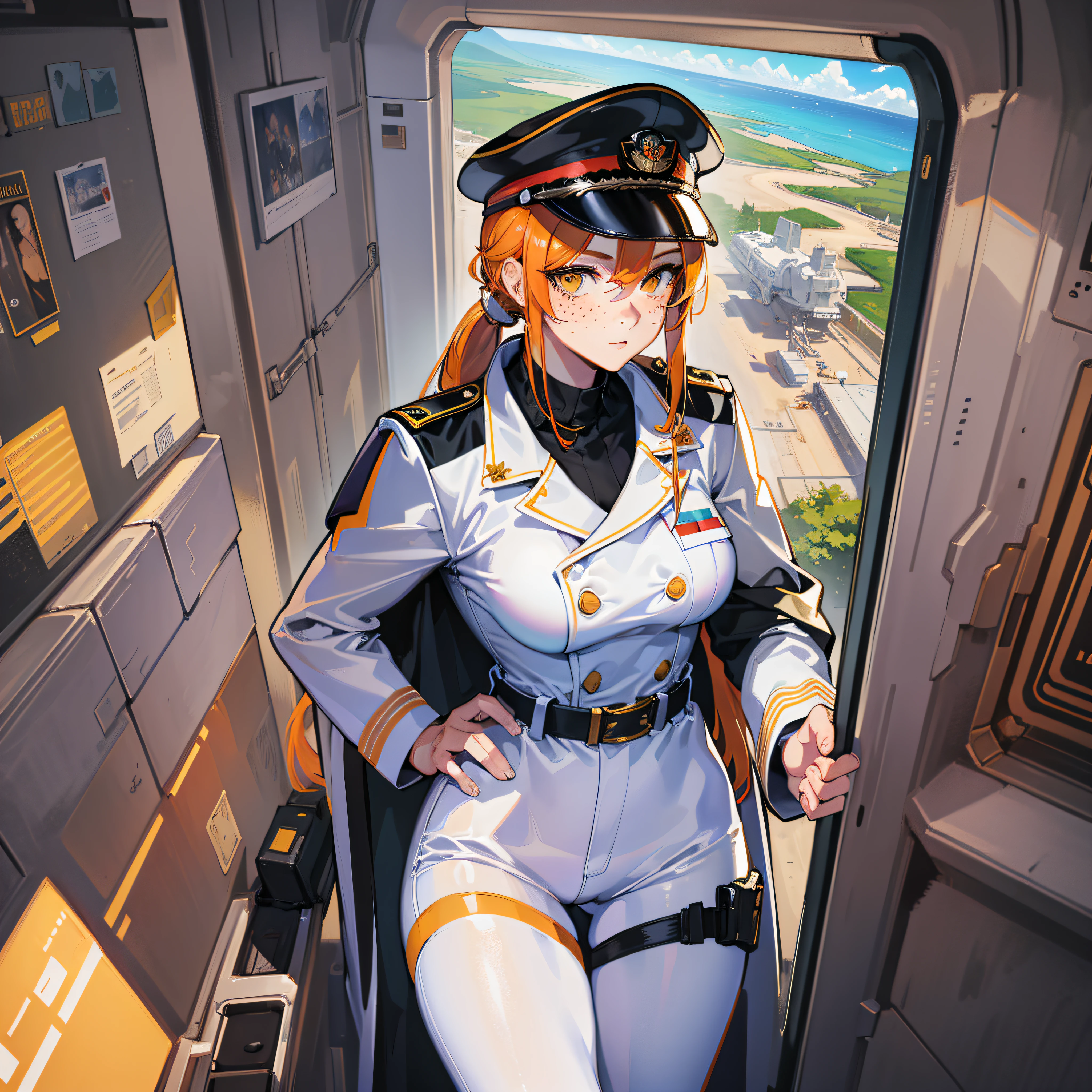 ((Masterpiece)), ((Highest Image Quality)), ((Best Quality)), (Illustration of One Girl), Full Body, 25 Years Old, Neutral, ((Freckles))), Orange Hair Ponytail, Yellow Eyes, (Tall Body)), Big, (Muscular Strong Body)), ((Muscular Strong Body)), (Military Uniform)), (Military Hat)), ((Army Coat)), (White Clothes), (White Pants), (White Hat), Trench Coat, ((Inside the Spacecraft)), (Outside the Window, Space, Earth as seen from space, Spaceport)