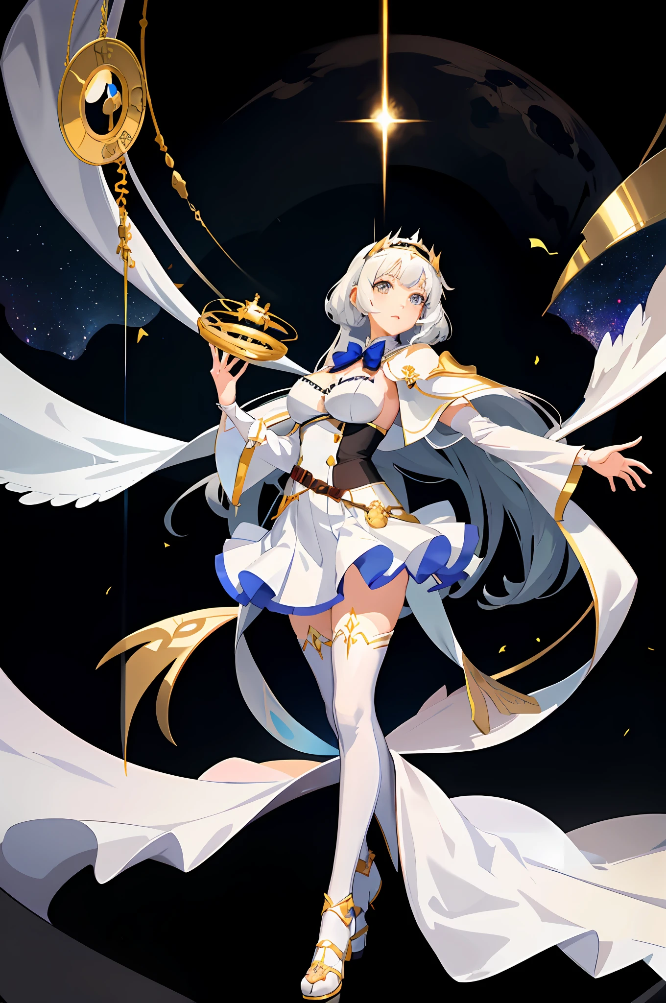 anime girl in white dress with cape and gold belt waving, hestia, anime visual of a cute girl, albedo from the anime overlord, dressed like a cleric, albedo from overlord, anime goddess, black - haired mage, cute anime waifu in a nice dress, anime moe artstyle, cleric, official artwork, azur lane style