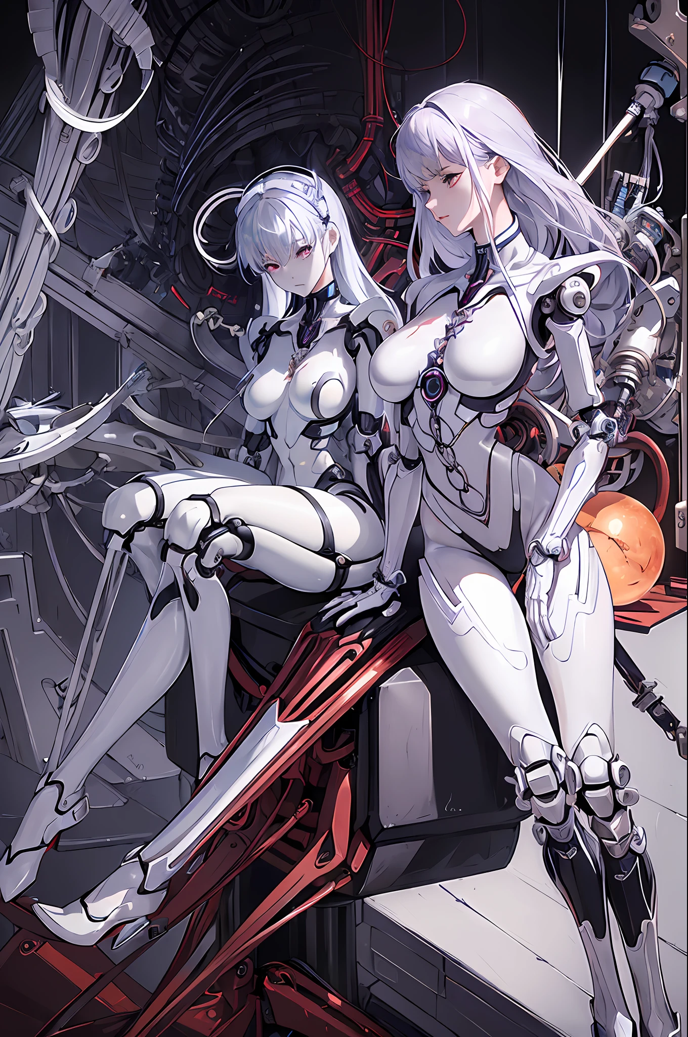 (((Masterpiece)))), (((highest quality)))), ((Ultra Definition)), (Very Detailed Photoreality), ((Very Delicate and Beautiful)), (Delicate and Pretty Face), Cinematic Light, (((1 Girl)), Solo, Full Body, Big, Cleavage Is Visible Skin, White Hair, Purple Eyes, Glowing Eyes, Thighs Exposed Skin, (Mechanical Joints: 1.4), (Mechanical Limbs)), ( blood vessels connected to tubes), (((mechanical vertebrae attached to the back)), ((cervical vertebrae of the machine) attached to the neck)), ((sitting)), expressionless, (wires and cables attached to the head and body: 1.5), (character focus), body has a small LED lamp, Evangelion, Rei Ayanami, sci-fi, metal, metallic body, detailed neon, hydraulic cylinder