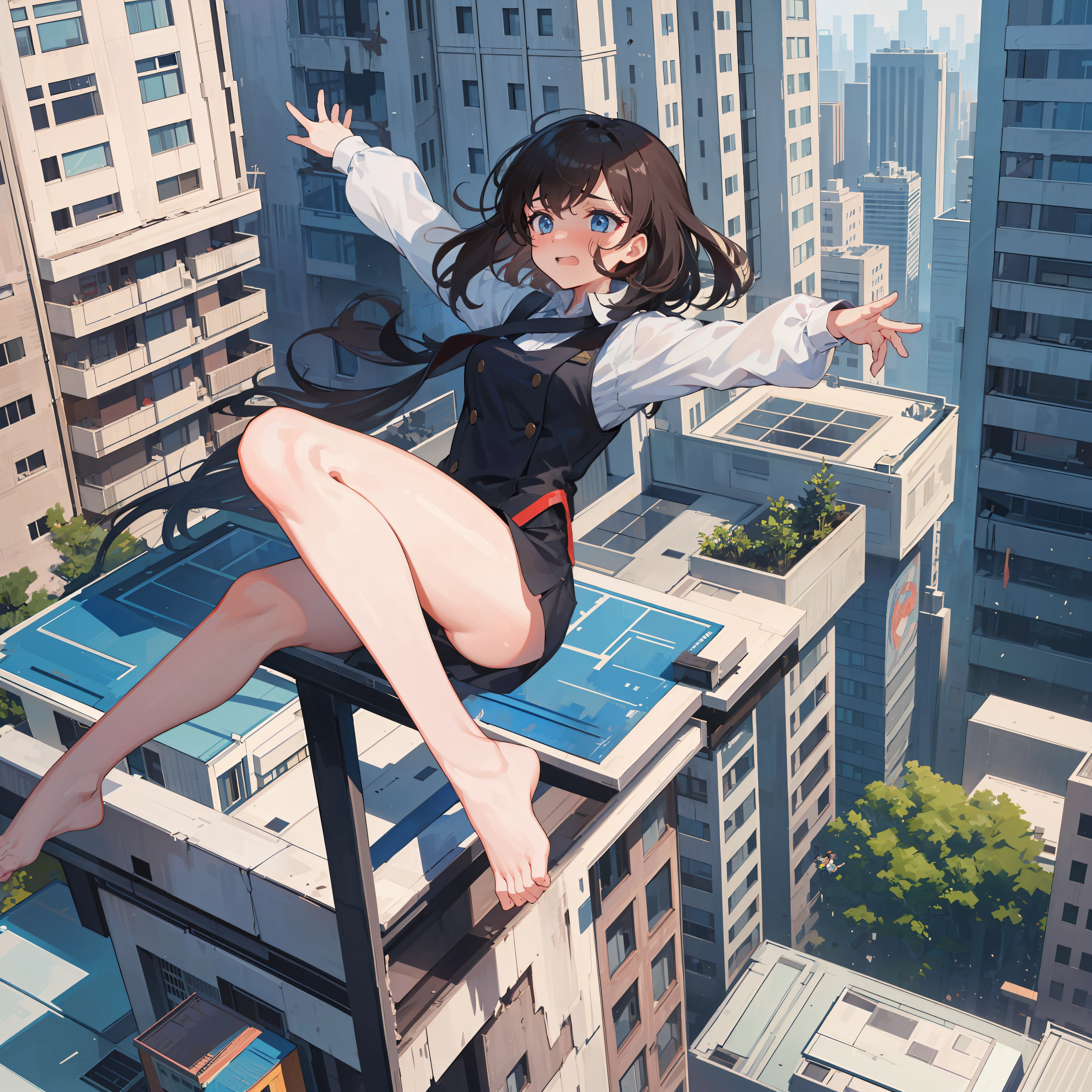 1girl , quadriceps, GTSCity, falling on buildings, 50 meters tall, cute, embarrassed, destroyed buildings, nice hands, best quality, masterpiece, top view, bigger than buildings, two legs
