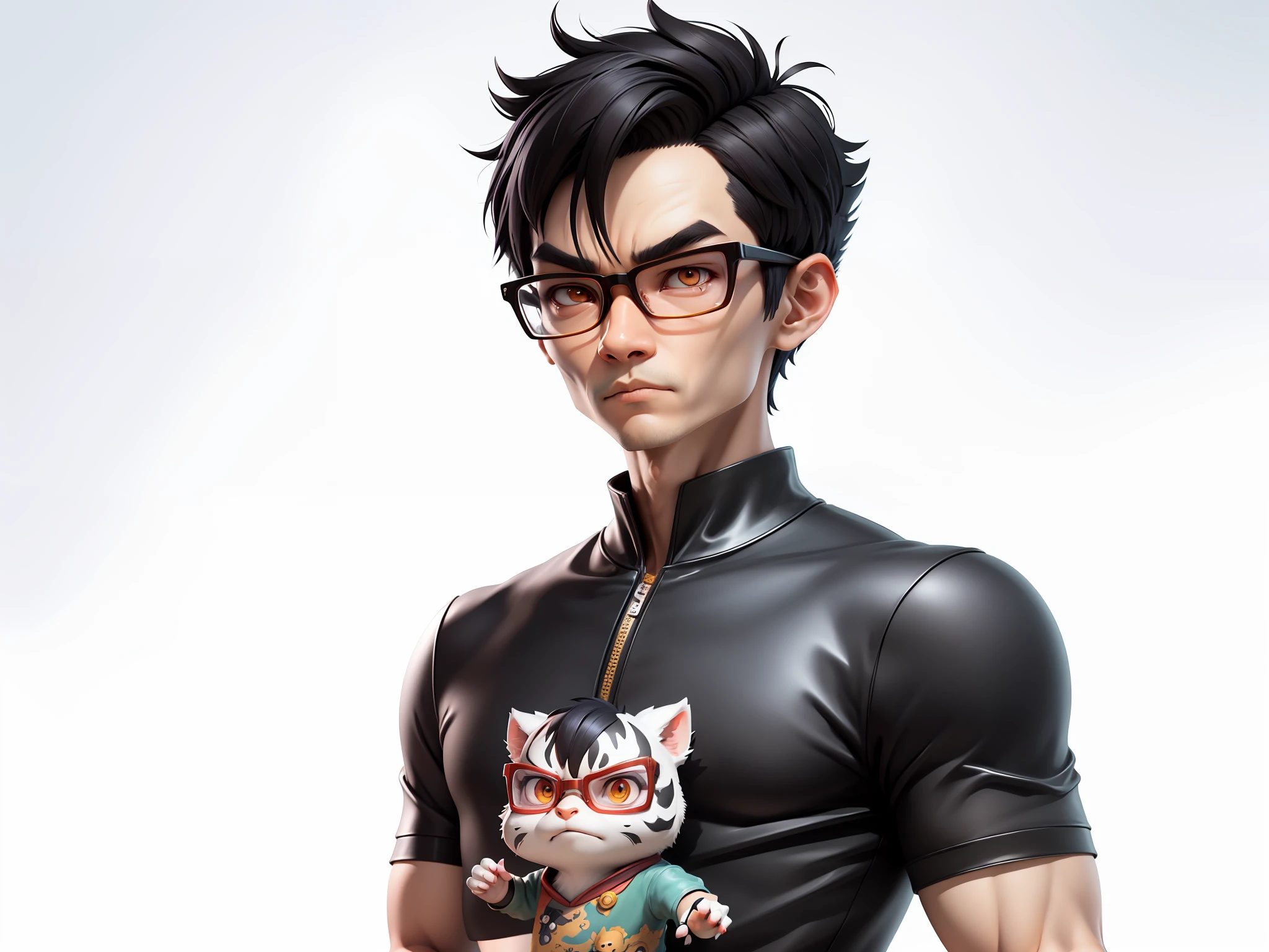 Oriental face young man wearing dragon shirt wearing silver glasses, black super short hair, tiger, digital painting, 3D character design by Mark Clairedon and Pixar and Hayao Miyazaki and Akira Toriyama, the illustration is a 4K resolution HD illustration with very detailed facial features and cartoon-style visual effects.