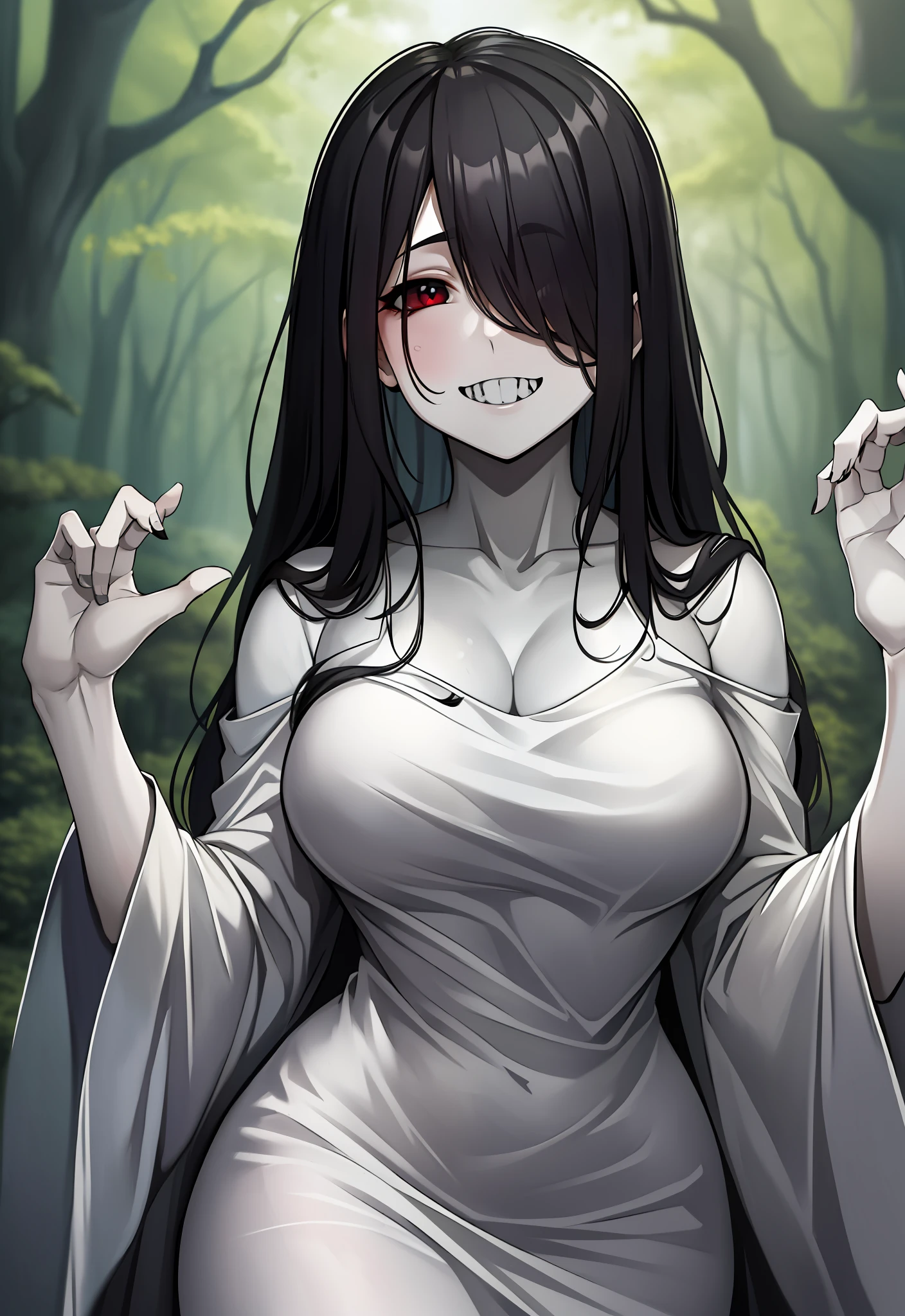 ((masterpiece)), (best quality), (absurdists), black hair, yamamura_sadako, white dress, (grey skin), hair over eyes, eyes covered, looking at the viewer in the dark forest with an elegant smile sharp teeth