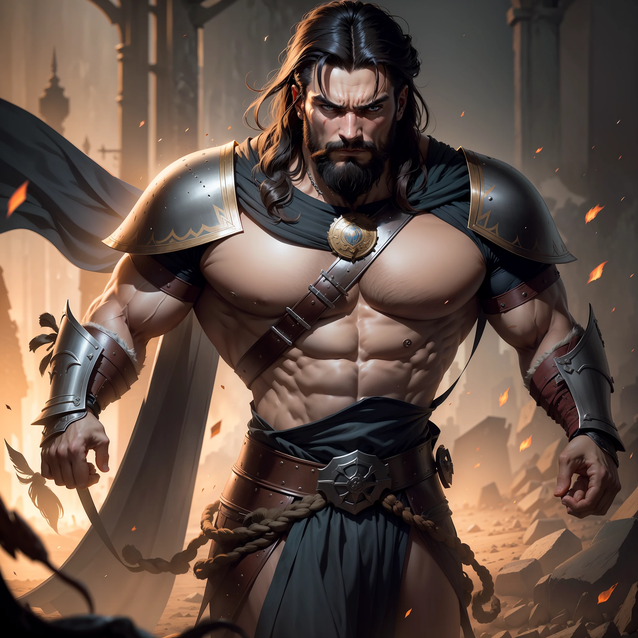 Superior quality, pressing.
User
It gives a detailed description of a warrior. It focuses the description on the physique, dress and weapons. Do not exceed 1900 words
ChatGPT
There he was, the fearless warrior whose imposing physique and striking appearance inspired awe and respect. His body possessed an athletic structure, shaped by the strength and endurance acquired over countless battles. With a tall stature, he stood out among the rest, imposing his dominant presence on the battlefield.
The warrior's skin was tanned and scarred, silent witnesses to past confrontations. His eyes, cold and piercing, revealed an unwavering determination and experience accumulated over years of struggle. His facial expression was serious and austere, reflecting the seriousness with which he faced combat.
His head was crowned by a vast mane of dark hair, which flowed freely down to his shoulders. A thick, well-groomed beard adorned his face, adding an air of maturity and respect. The prominent neck muscles denoted his physical strength, evidencing his ability to withstand blows and stand firm in the face of challenges.
Dressed for battle, the warrior sported impressive armor. Made of intertwined metal plates, it covered his chest, back and abdomen, providing essential protection amid the chaos of war. The plates were meticulously crafted, featuring engravings depicting scenes of great battles and symbols representing his lineage of valiant warriors.
Over his broad shoulders, he wore a heavy robe, made of a sturdy fabric dyed dark colors. The mantle was adorned with tribal symbols, which represented his tribe and his position as leader. The fabric crept across the floor as he walked, a visual representation of the power and greatness the warrior possessed.
At his waist, he sported a broad-bladed, sharp-bladed sword. The grip