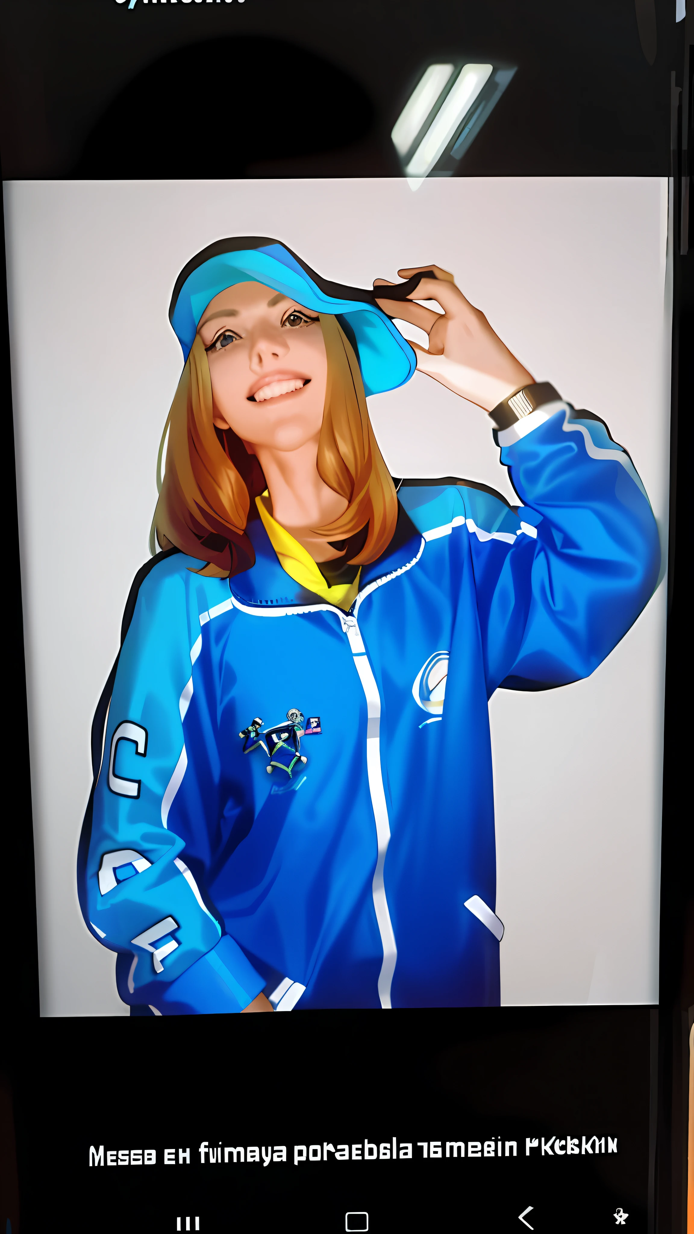 a close up of a cell phone with a picture of a woman, wearing track and field suit, martina fackova, wearing a neon blue hoodie, wearing a tracksuit, marta syrko, wearing blue jacket, wearing a track suit, anastasia ovchinnikova, sofya emelenko, carola rubio, caroline gariba, irina nordsol kuzmina