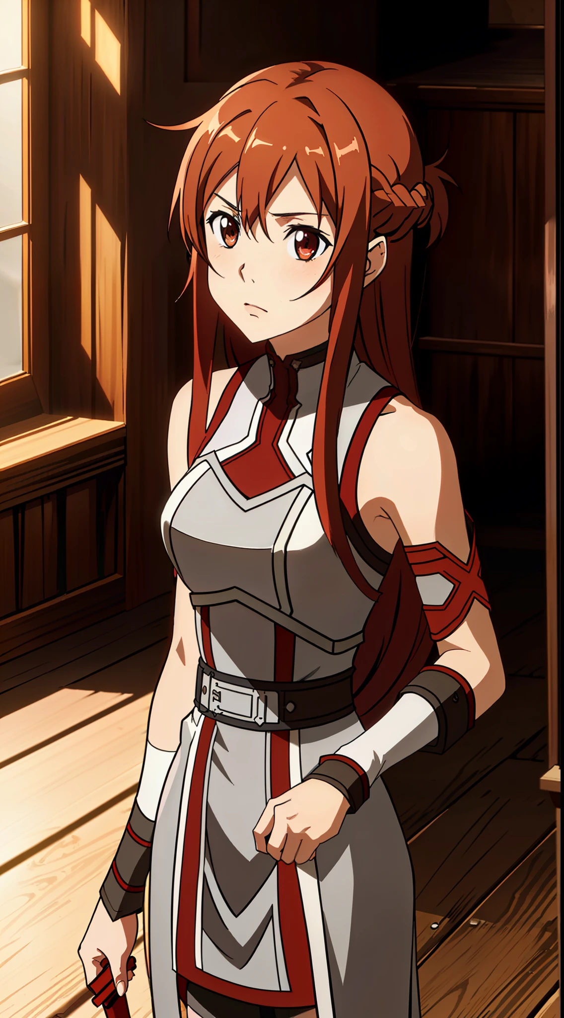 Masterpiece:1,5, best quality, best lighting and shadows, hdr, 8k, anime style, inspired by sword art online, 1 woman, (she is Tiese Shtolienen, linda, she has long red hair with side bangs, provocative gray dress, blushing)", sleeveless, sexy, lascivious,