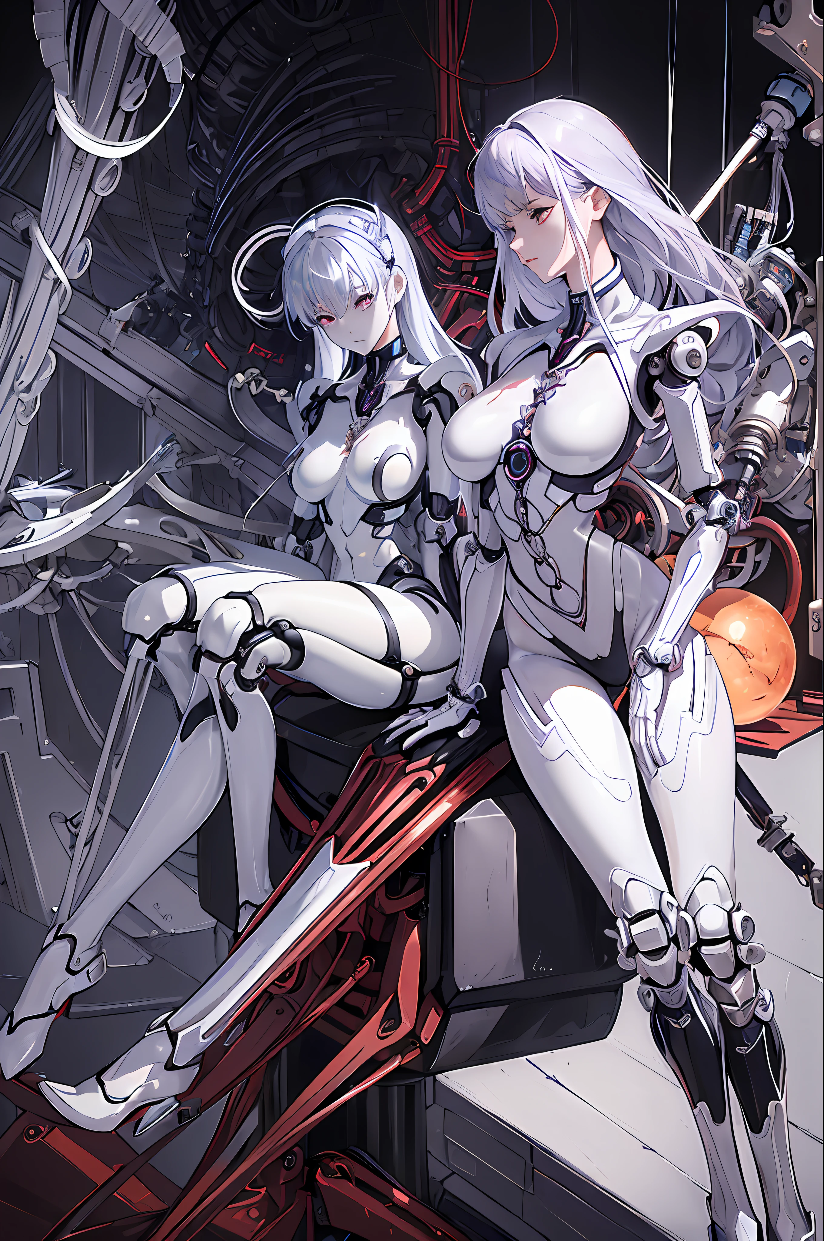 (((Masterpiece)))), (((highest quality)))), ((Ultra Definition)), (Very Detailed Photoreality), ((Very Delicate and Beautiful)), (Delicate and Pretty Face), Cinematic Light, (((1 Girl)), Solo, Full Body, Big, Cleavage Is Visible Skin, White Hair, Purple Eyes, Glowing Eyes, Thighs Exposed Skin, (Mechanical Joints: 1.4), (Mechanical Limbs)), ( blood vessels connected to tubes), (((mechanical vertebrae attached to the back)), ((cervical vertebrae of the machine) attached to the neck)), ((sitting)), expressionless, (wires and cables attached to the head and body: 1.5), (character focus), body has a small LED lamp, Evangelion, Rei Ayanami, sci-fi, metal, metallic body, detailed neon, hydraulic cylinder