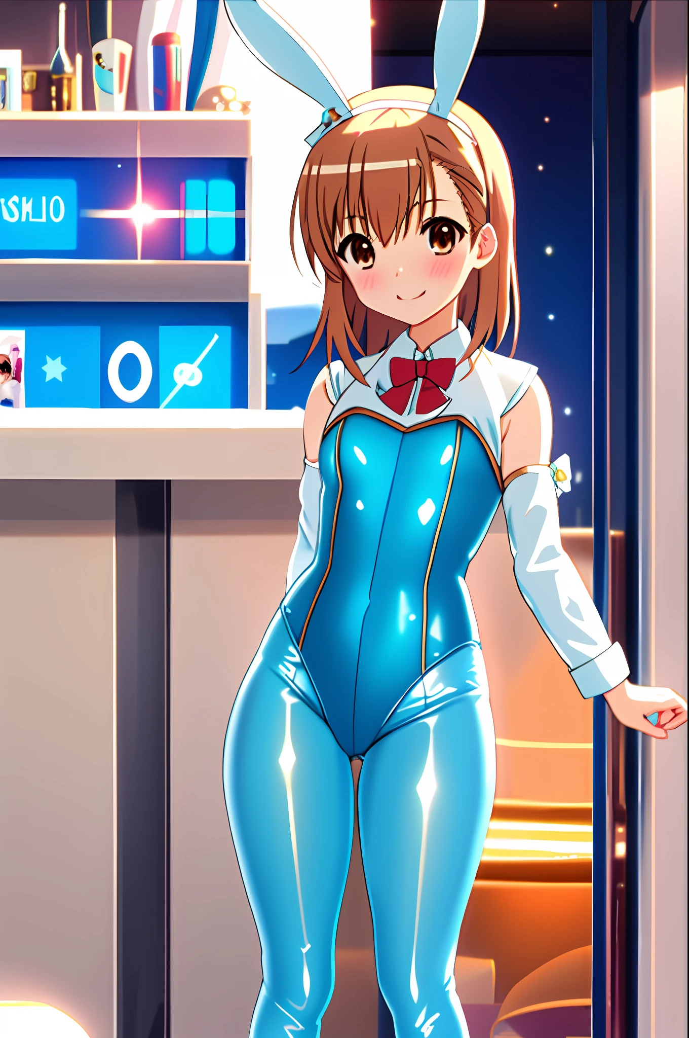 masterpiece, best quality, misaka_mikoto, brown eyes, looking at viewer, casino background, solo, small breast, upper body, , smile, close_mouth, ((standing)), lens flare abuse, thicc, onegirl, 1girl, nice ass, sexy pose, one girl, camel toe, bunny girl, body suit, playboy, pantihose, bunny ears, latex, one suit, white suit, golden bunny suit, bunny girl, thicc suit, blue pantihose, blue legs, blue leggings