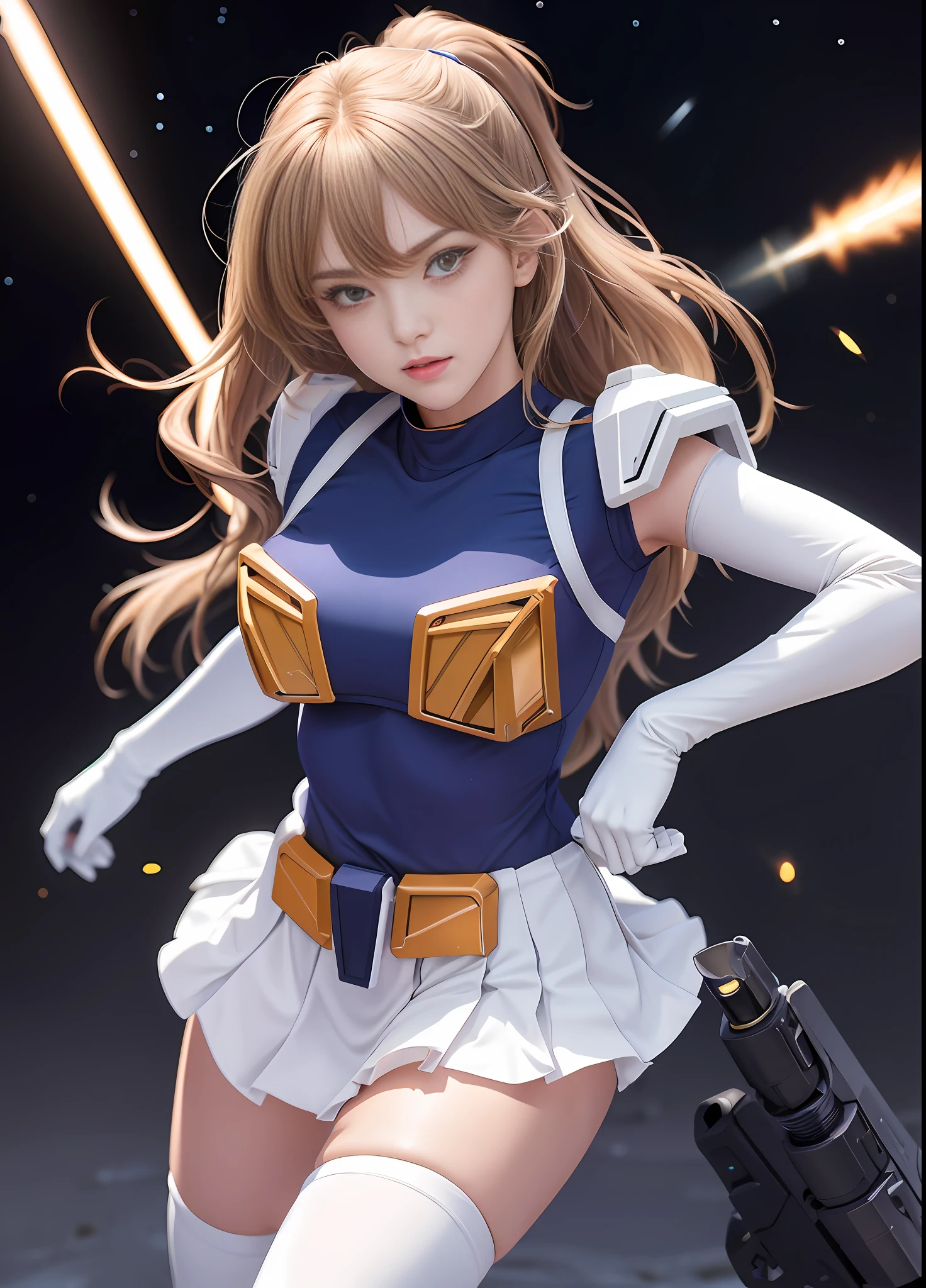 (Best Quality), (Masterpiece), nsfw, Personification of Mobile Suit Gundam F91, Amazing highlights of the upper body, Powerful mech, Beautiful girl with a beam rifle, 23 years old, Baby face, Beautiful eyes, Modest nose, Neatness, Confident smile, Medium hair, slightly drooping eyes, Absolute area, Moist wet and slightly thick thighs, Panties visible and hidden, Full body, Fighting pose, Open legs, Short skirt, Outer space, scenes of fighting enemies,