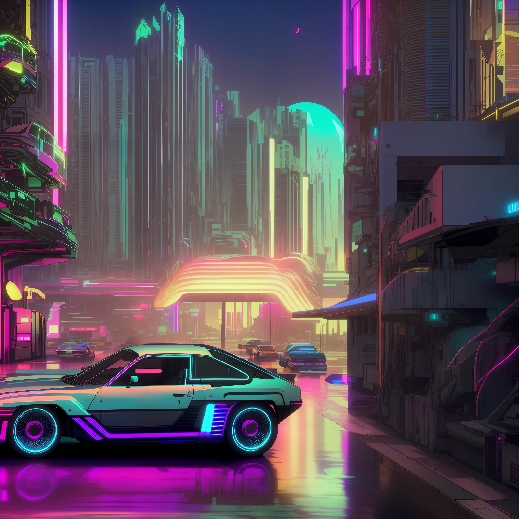 a close up of a car driving down a city street at night, art deco outrun anime aesthestic, cyberpunk garage on jupiter, cyberpunk vibe, cyberpunk aesthetics, retro cyberpunk, cyberpunk vibes, cyberpunk art style, cyberpunk dreamscape, cyberpunk aesthetic, cyberpunk vibrant colors, cyberpunk themed art, in cyberpunk city, retrofuturistic digital painting, cyberpunk neon, cyberpunk futuristic neon