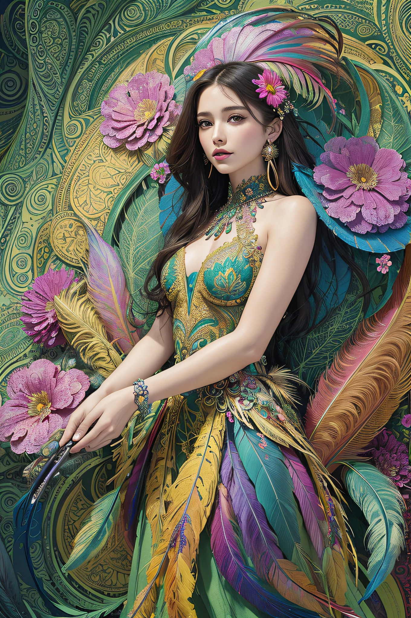 (masterpiece, top quality, best quality, official art, beautiful and aesthetic:1.2), (1girl:1.3), extremely detailed,(fractal art:1.1),(colorful:1.1)(flowers:1.3),highest detailed,(zentangle:1.2), full body, (abstract background:1.3), (shiny skin), (many colors:1.4), ,(earrings), (feathers:1.5),