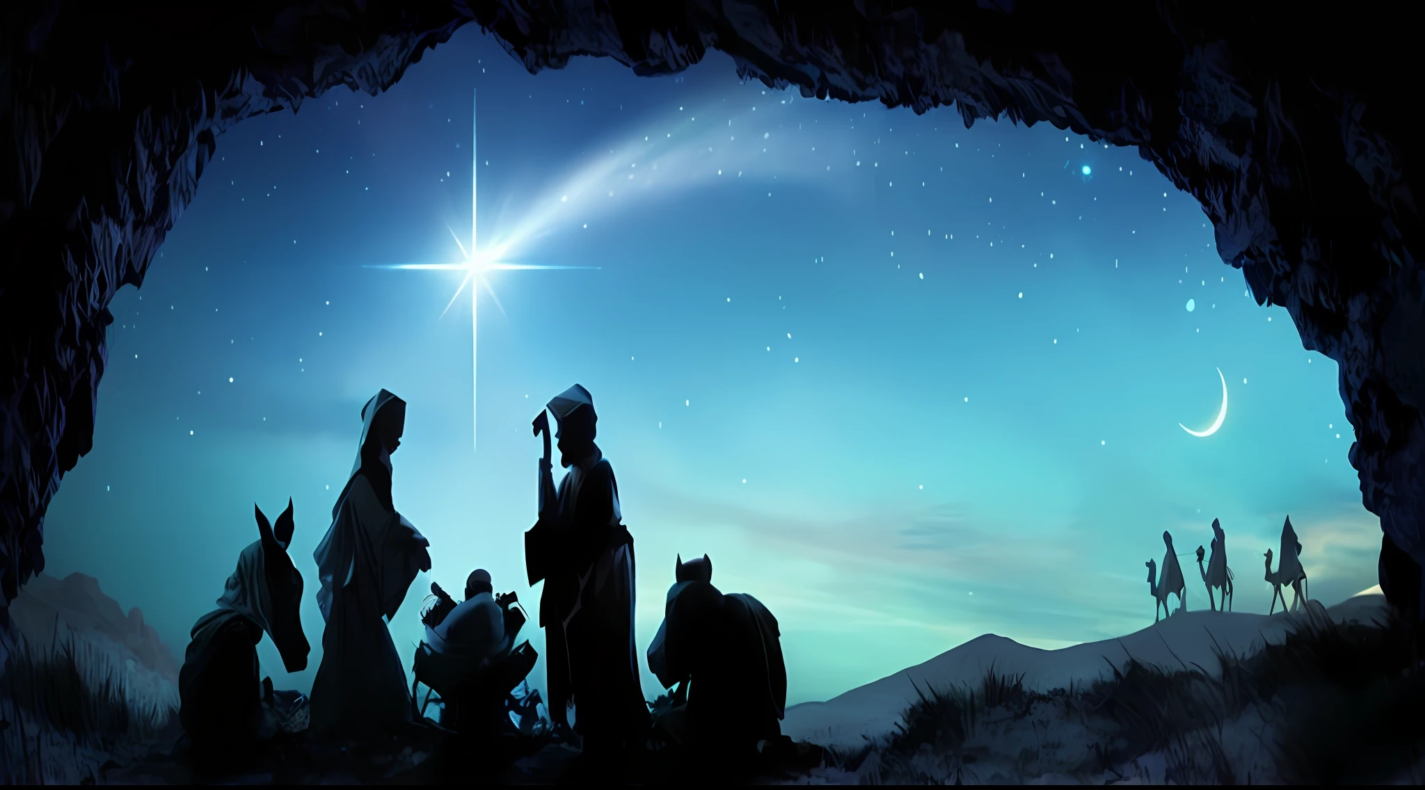 araffes of people are sitting in a cave watching the star, under the silent night sky, with infant jesus, epiphany, christmas night, biblical image, by Joseph Werner, the stars, biblical art lighting, bright light masterpiece, profound epiphany, children's, holy, realistic depiction, warm and joyful atmosphere, realistic scene, dramatic lights spiritual scene, behold