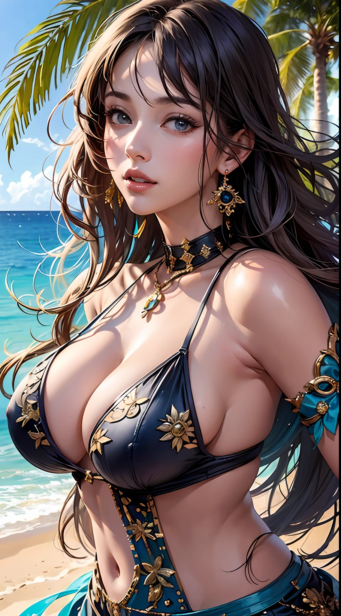 a full head and body portrait of a beautiful 25 yrar old anime woman with large breasts wearing beach wear set in a background of a sunny beach scene, in amazing detail, photorealistic, --auto --s2