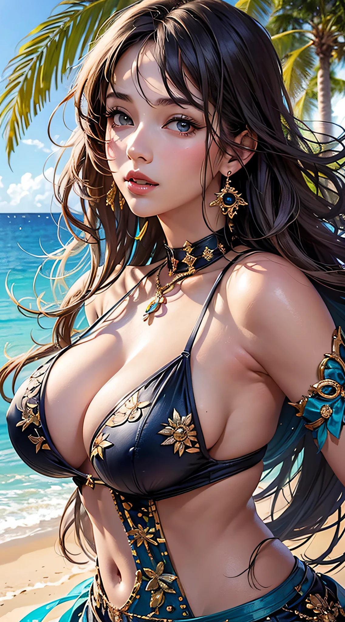 a full head and body portrait of a beautiful 25 yrar old anime woman with large breasts wearing beach wear set in a background of a sunny beach scene, in amazing detail, photorealistic, --auto --s2