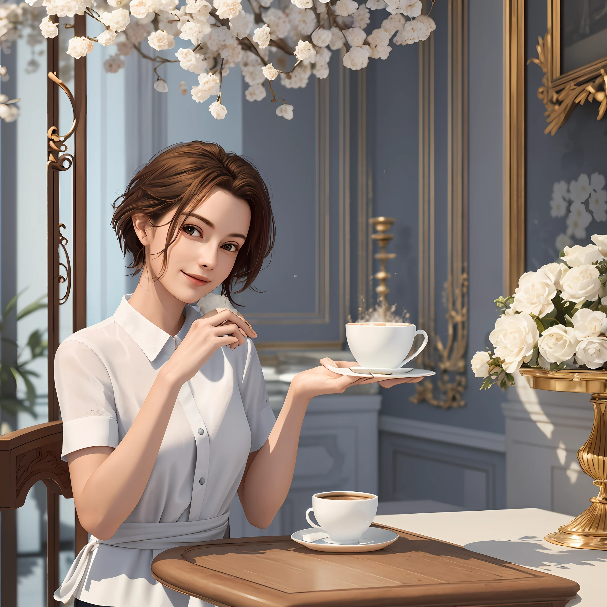 Photographie chef-d’œuvre, Ultra réaliste, 3d, 4k, 12k, hyper réaliste, The coffee cup, cradled delicately by the beautiful woman, finds harmony with the enchanting surroundings, forming a visual poetry that speaks of both sophistication and natural allure.