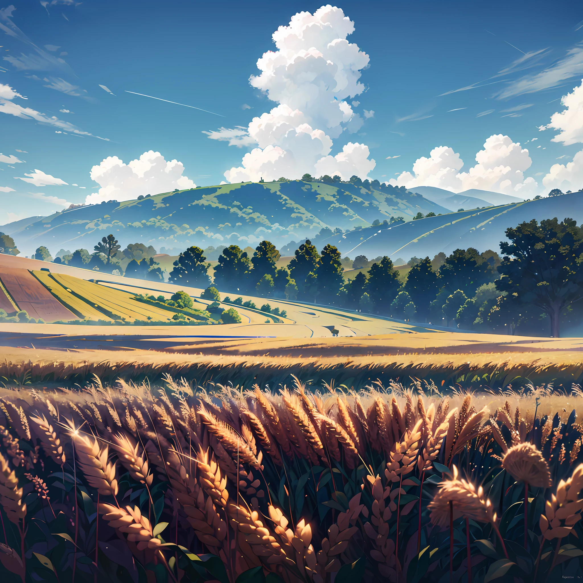 Wheat field, a farmer uncle with a straw hat standing in a wheat field, big clouds, blue sky, rice field, neat rice seedlings in the field, forest, hillside, secluded, rural, HD detail, hyper-detail, cinematic, surrealism, soft light, deep field focus bokeh, ray tracing and surrealism. --auto --v6 --s2