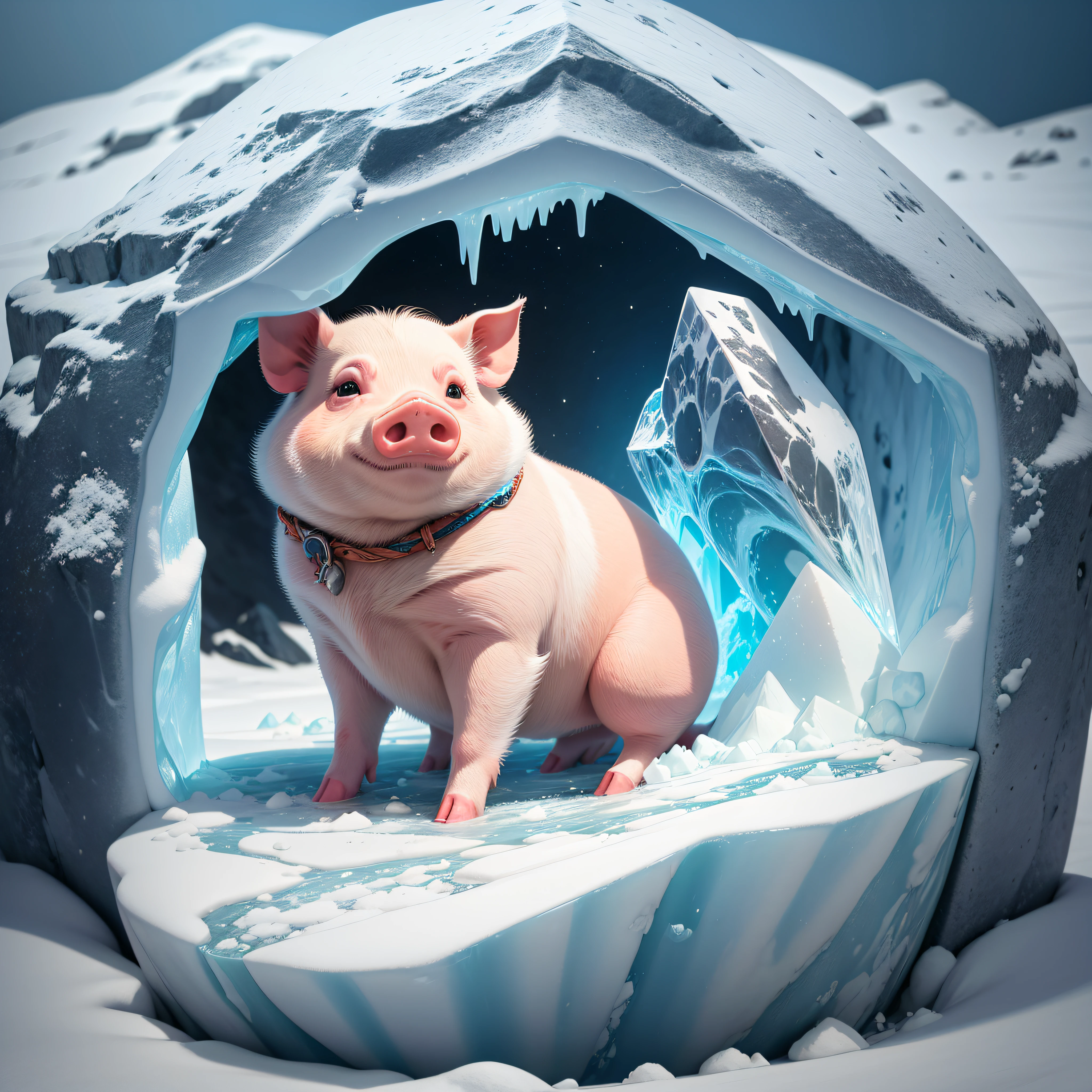 I need an image where there's a pig frozen inside an ice rock in Antarctica --auto --s2