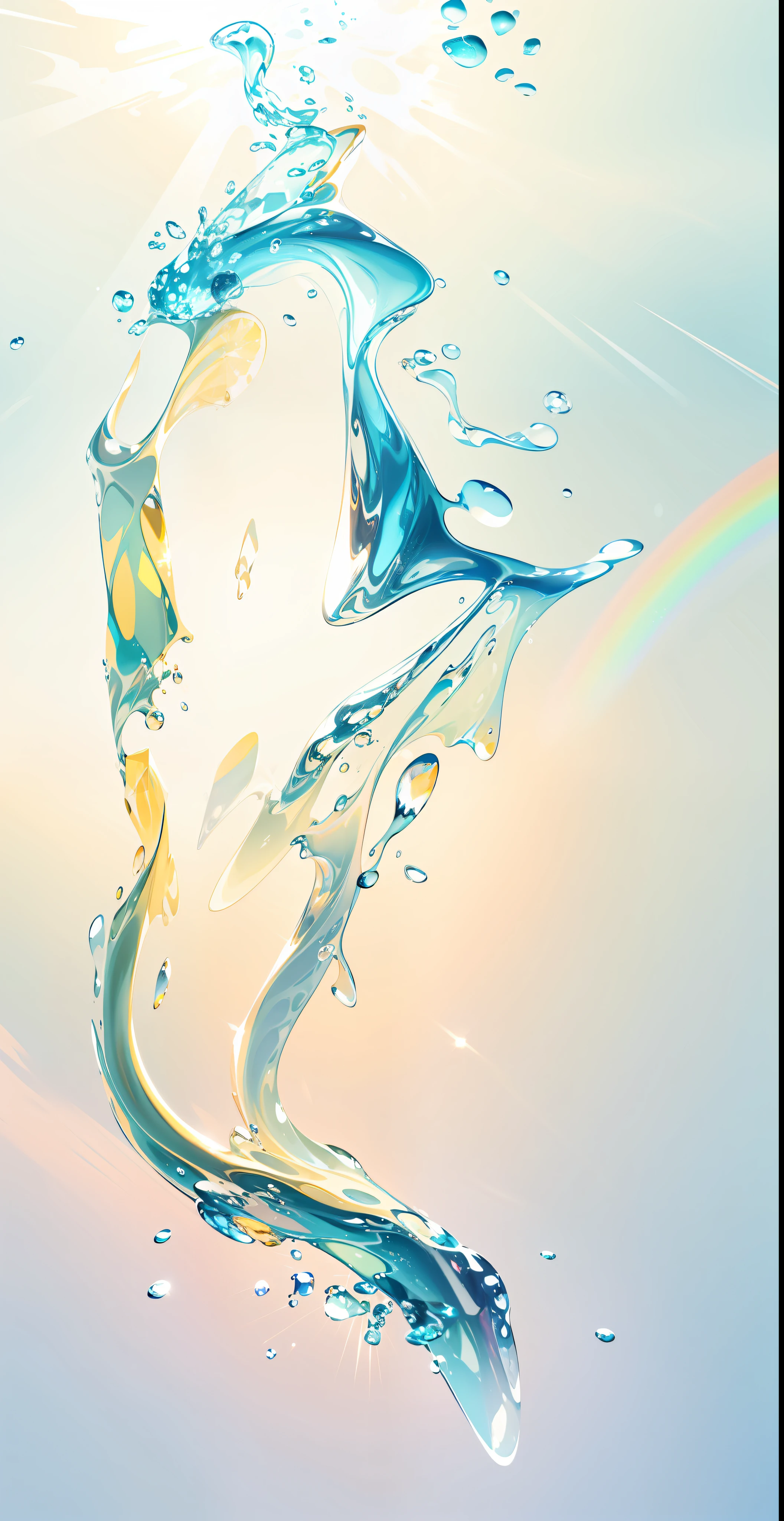 Splashing water, crystal clear water droplets in the sky, water flow in motion, translucency, glitter, sunlight, rainbow, (Illustration: 1.0), epic composition, natural lighting, HD details, masterpiece, best quality, (very detailed CG unified 8k wallpaper)