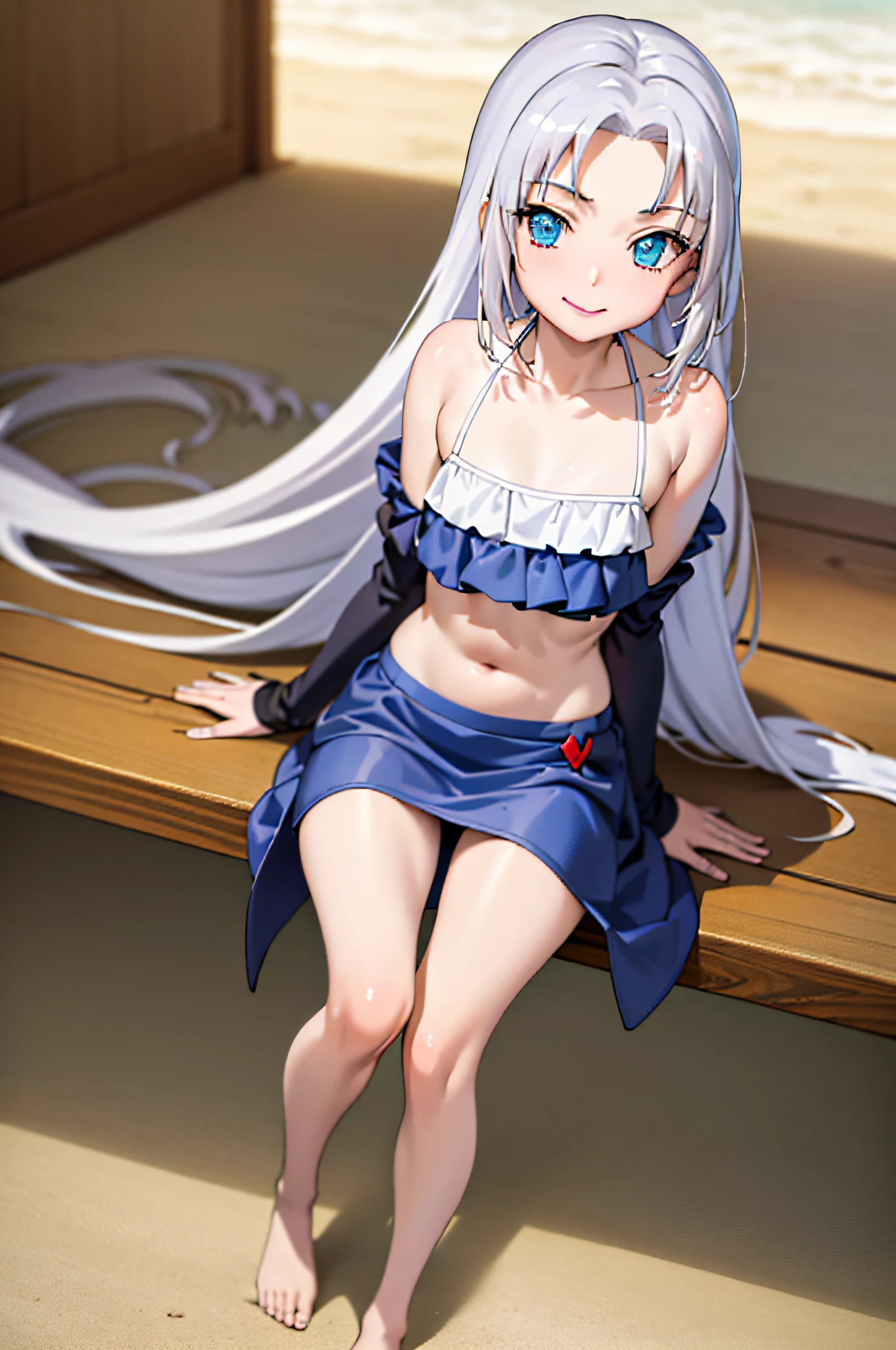 (best quality:1.1), (masterpiece:1.4), (absurdres:1.0), portrait, close-up, 1girl, takayama maria, silver hair, flat chest, blue eyes, long hair, bikini, looking at viewer, on the beach, smile,