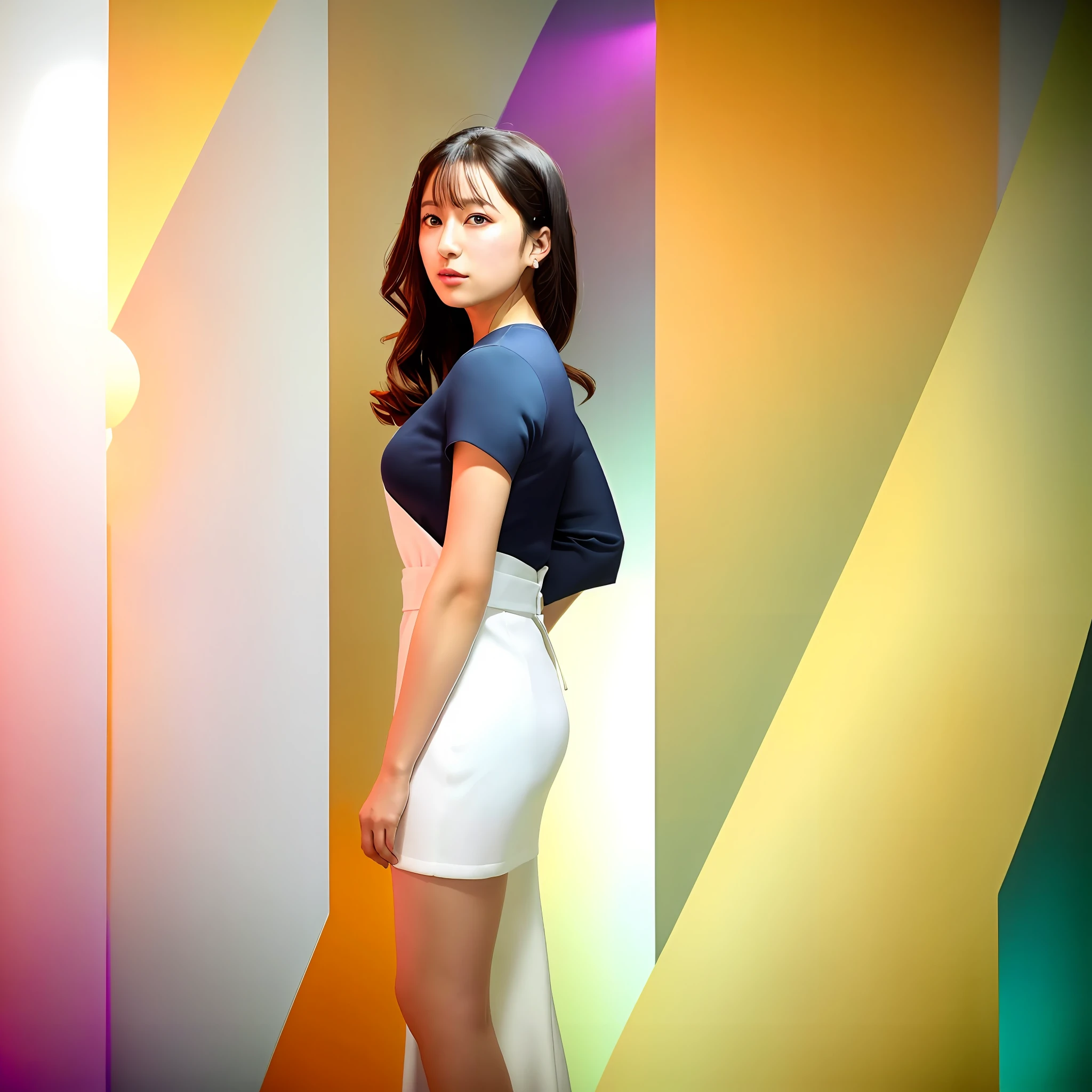 arafed woman in a white dress standing against a colorful wall, shot on canon eos r5, shot on canon eos r 5, color ( sony a 7 r iv, in front of white back drop, captured on canon eos r 6, chiho aoshima color scheme, fashion color studio lighting, 奈良美智