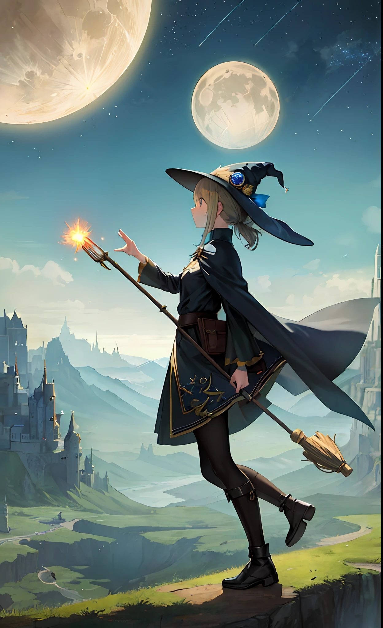 masterpiece, best quality, ultra-detailed, illustration, 1girl, solo, fantasy, flying, broom, night sky, outdoors, magic, spells, moon, stars, clouds, wind, hair, cape, hat, boots, broomstick, glowing, mysterious, enchanting, whimsical, playful, adventurous, freedom, wonder, imagination, determination, skill, speed, movement, energy, realism, naturalistic, figurative, representational, beauty, fantasy culture, mythology, fairy tales, folklore, legends, witches, wizards, magical creatures, fantasy worlds, composition, scale, foreground, middle ground, background, perspective, light, color, texture, detail, beauty, wonder.