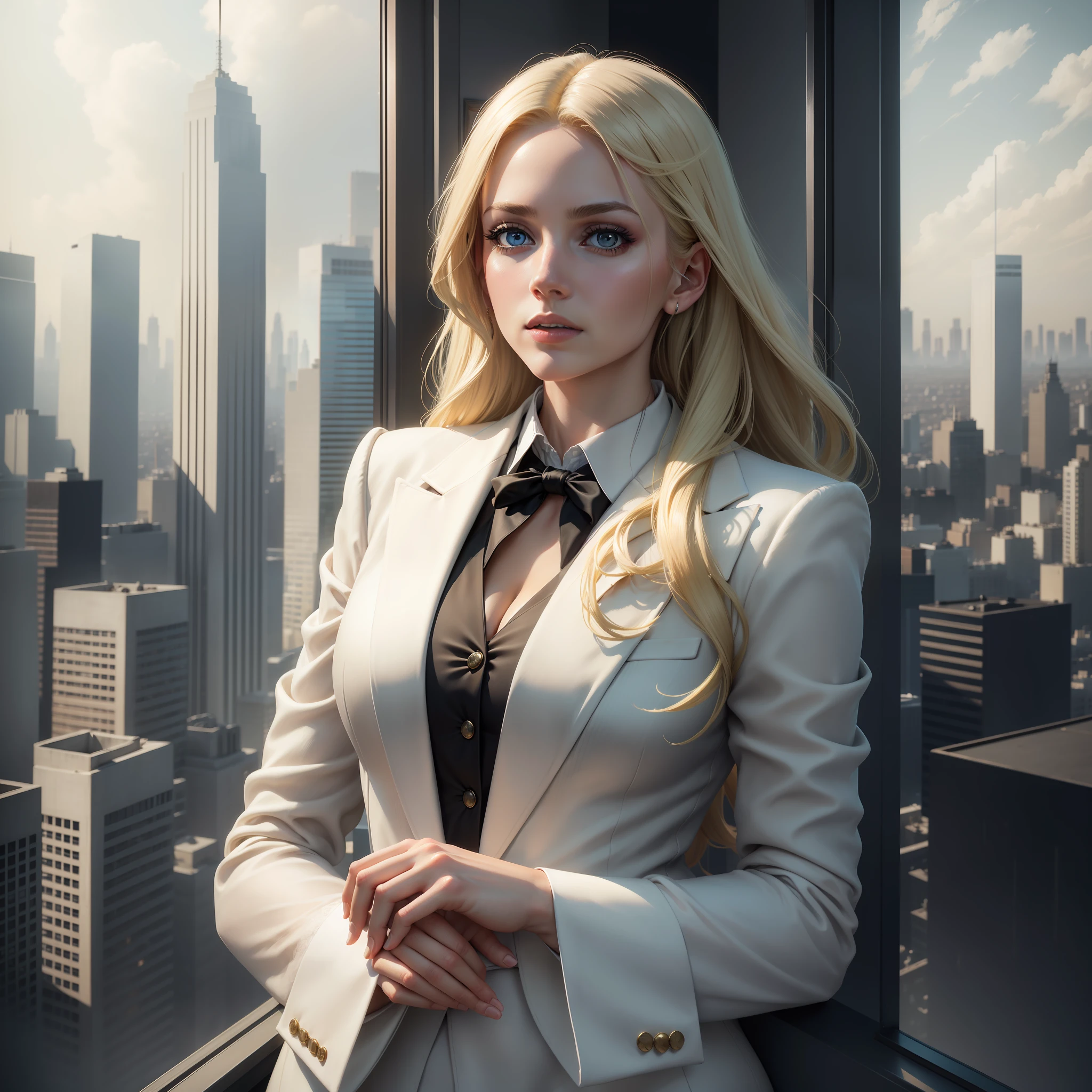 Ultra realistic image of a beautiful blonde woman, light eyes, dressed in a formal ensemble with a white blazer with black details, in a room on the top floor of a building, city in the landscape through the window, right hand raised, fingers perfect, doubtful expression