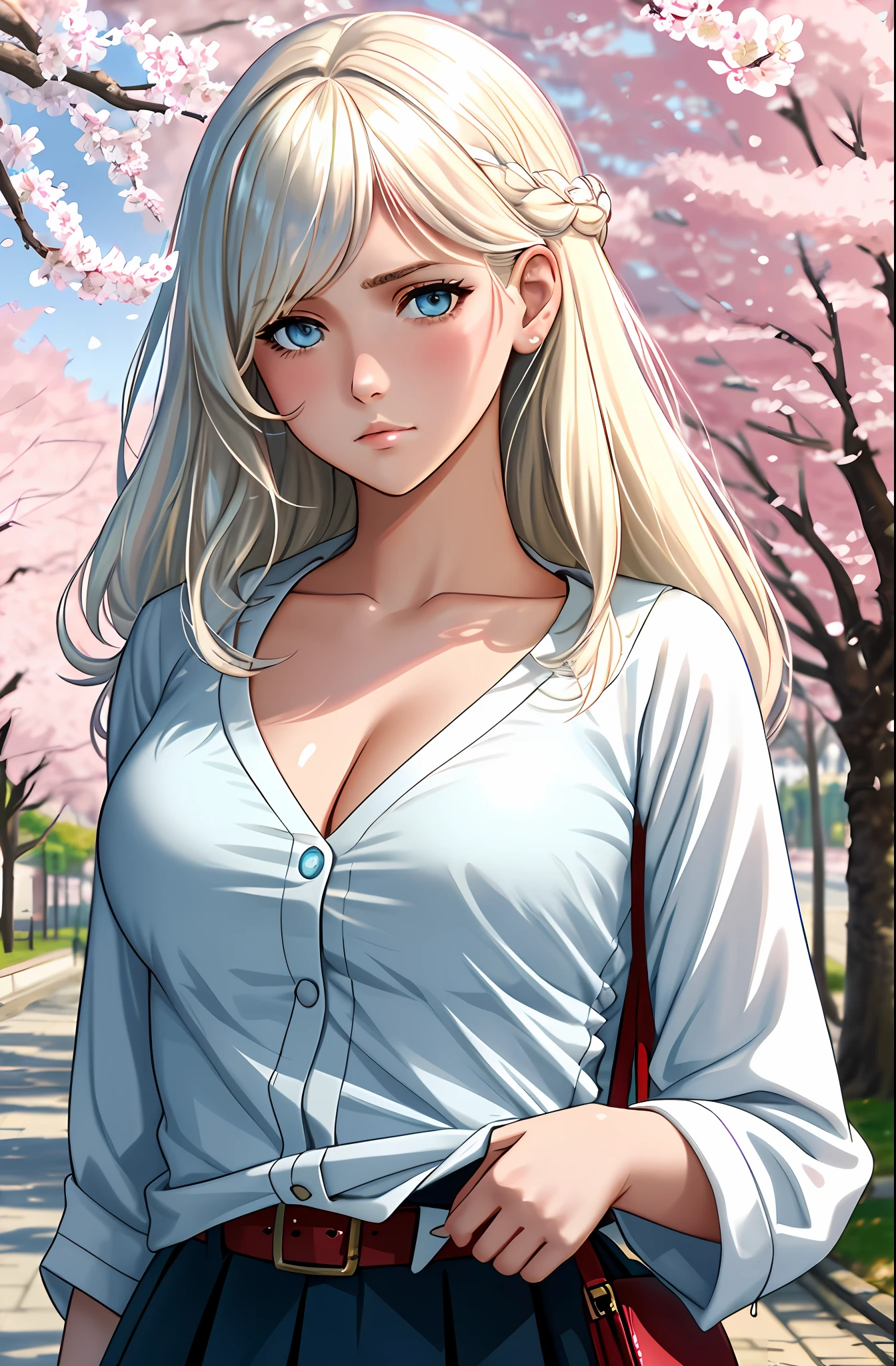 auw, up wait legs, boat, masterpiece, best quality,2girl,young girl, medium_aquamarine eyes, platinum blonde, layered hair,miserable _face, shiny skin, huge breasts, A_street_lined_with_cherry_blossom_trees, looking at the viewer, behind, upper body