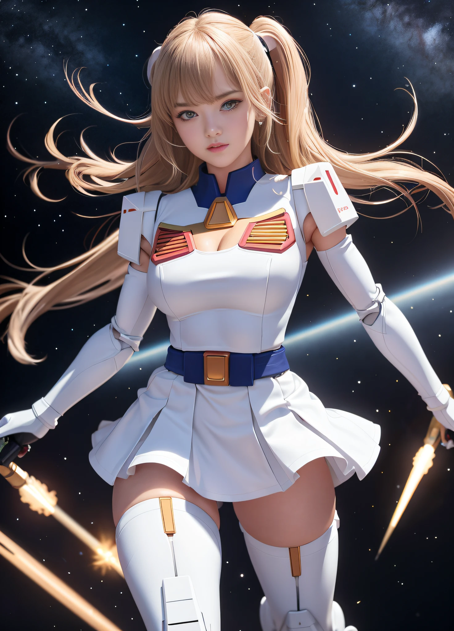 (top quality), (masterpiece), nsfw, personification of Mobile Suit Gundam F91, great highlights of the upper body, powerful mecha, beautiful girl with a beam rifle, 22 years old, baby face, beautiful eyes, modest nose, neatness, confident smile, medium hair, slightly drooping eyes, absolute area, moist wet and slightly thick thighs, full body, fighting pose, open legs and no panties, short skirt, Outer space, scenes of fighting enemies,