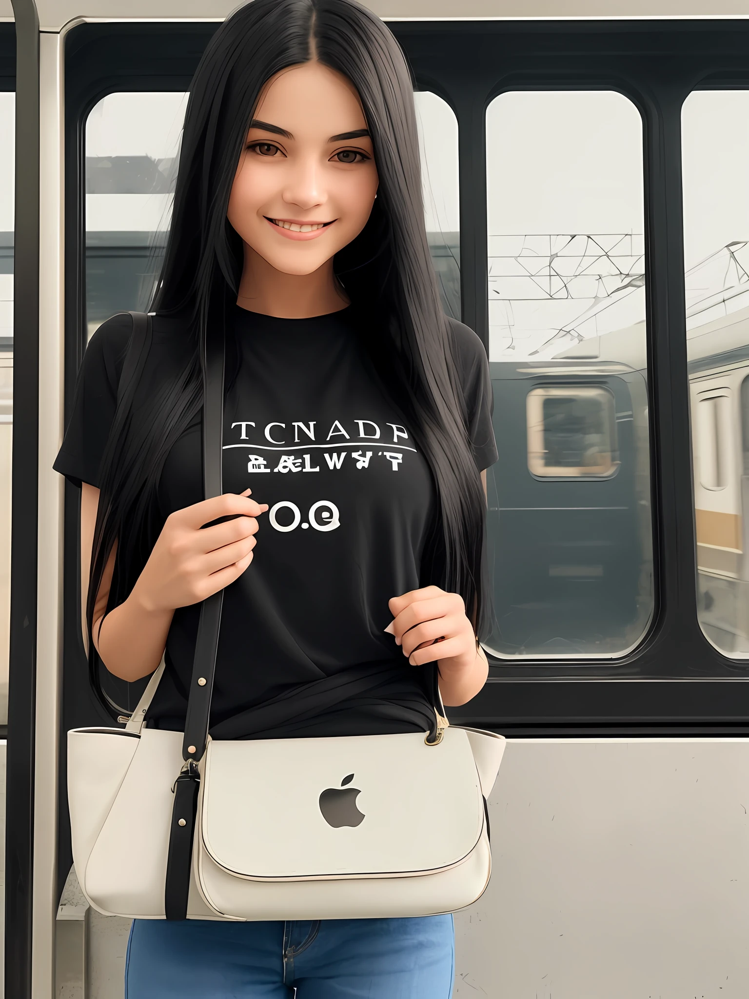 Girl with long black hair with brown eyes she is dressed in a black T-shirt with the apple symbol wearing a pair of jeans the girl is inside the train holding a white bag with black Apple symbol the girl is going to work smiling