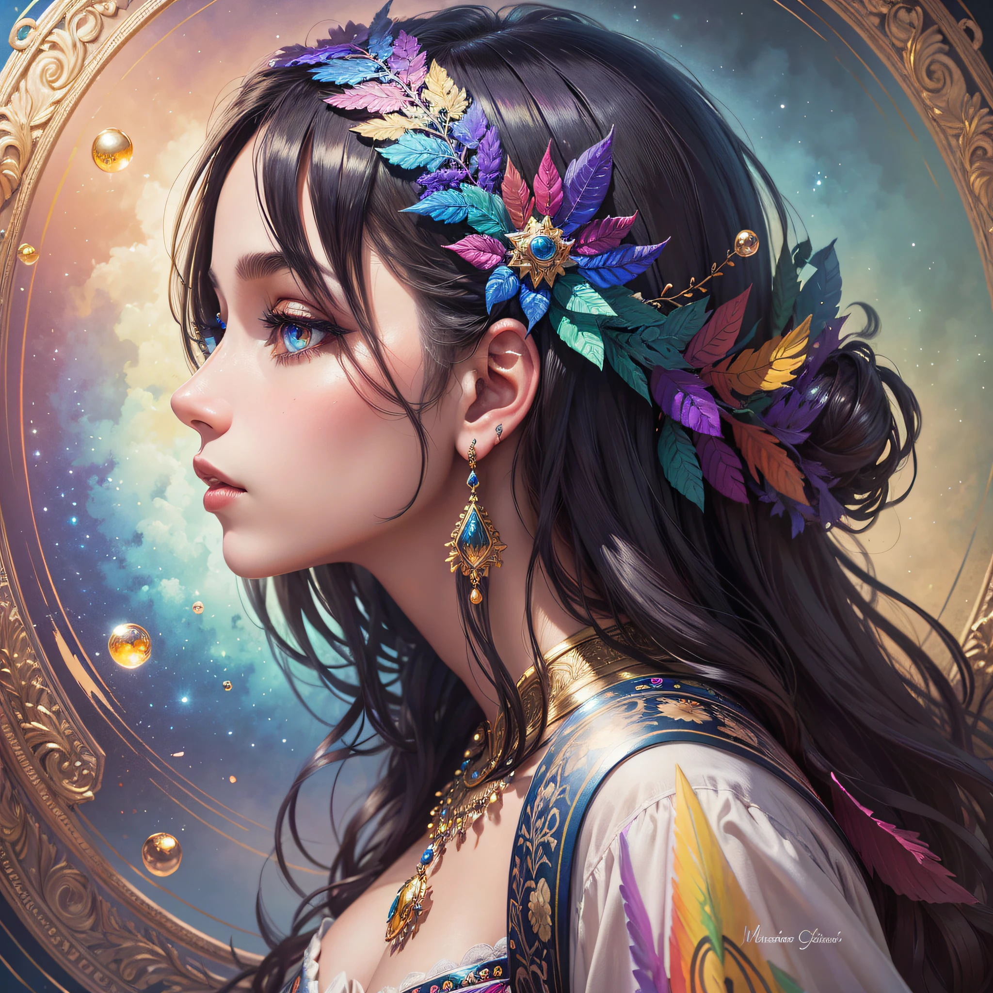 (masterpiece), a painting portraying Mulher do anjo with rainbow-colored eyes in a beautiful profile photo, vibrant colors, high resolution, intricate details, dynamic lighting, and contrasting shadows . --auto --s2