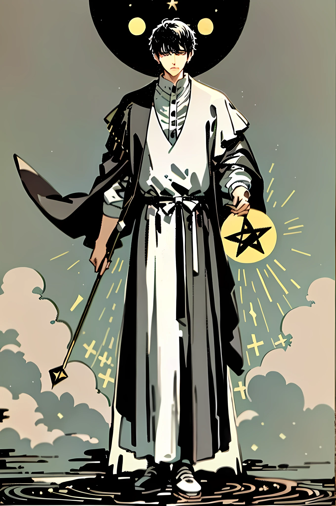 masterpiece, best quality, full body, tarot card, 1 man, calm, the moon, wisdom, knowledge, suit, short hair, black hair, muscle, brush cut, the king, white shirt