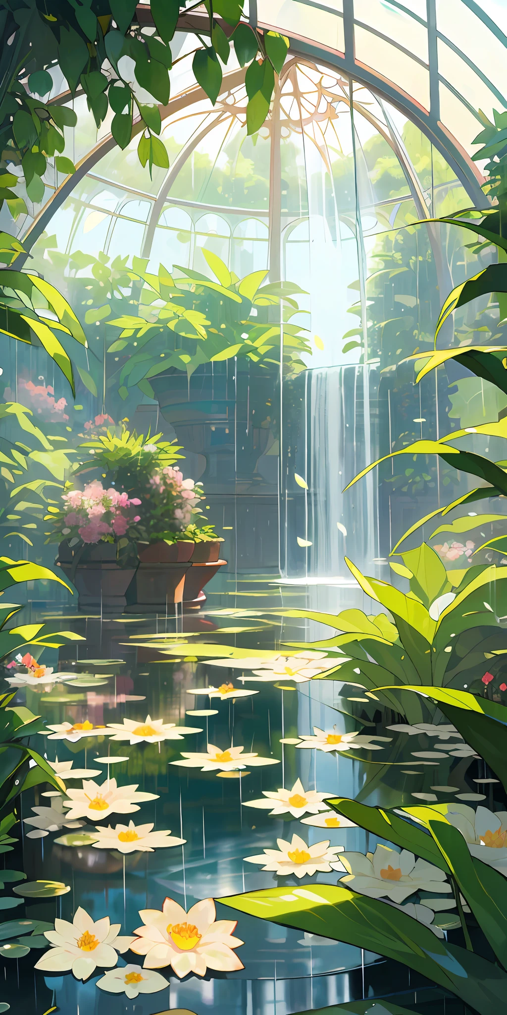 (top quality, masterpiece, ultra-realistic), rainy day, raining, wet ground, puddle, indoor botanical garden, dome, lots of flowers, dense mass plants, the background landscape is a garden with petals and puffs flying around. --v6