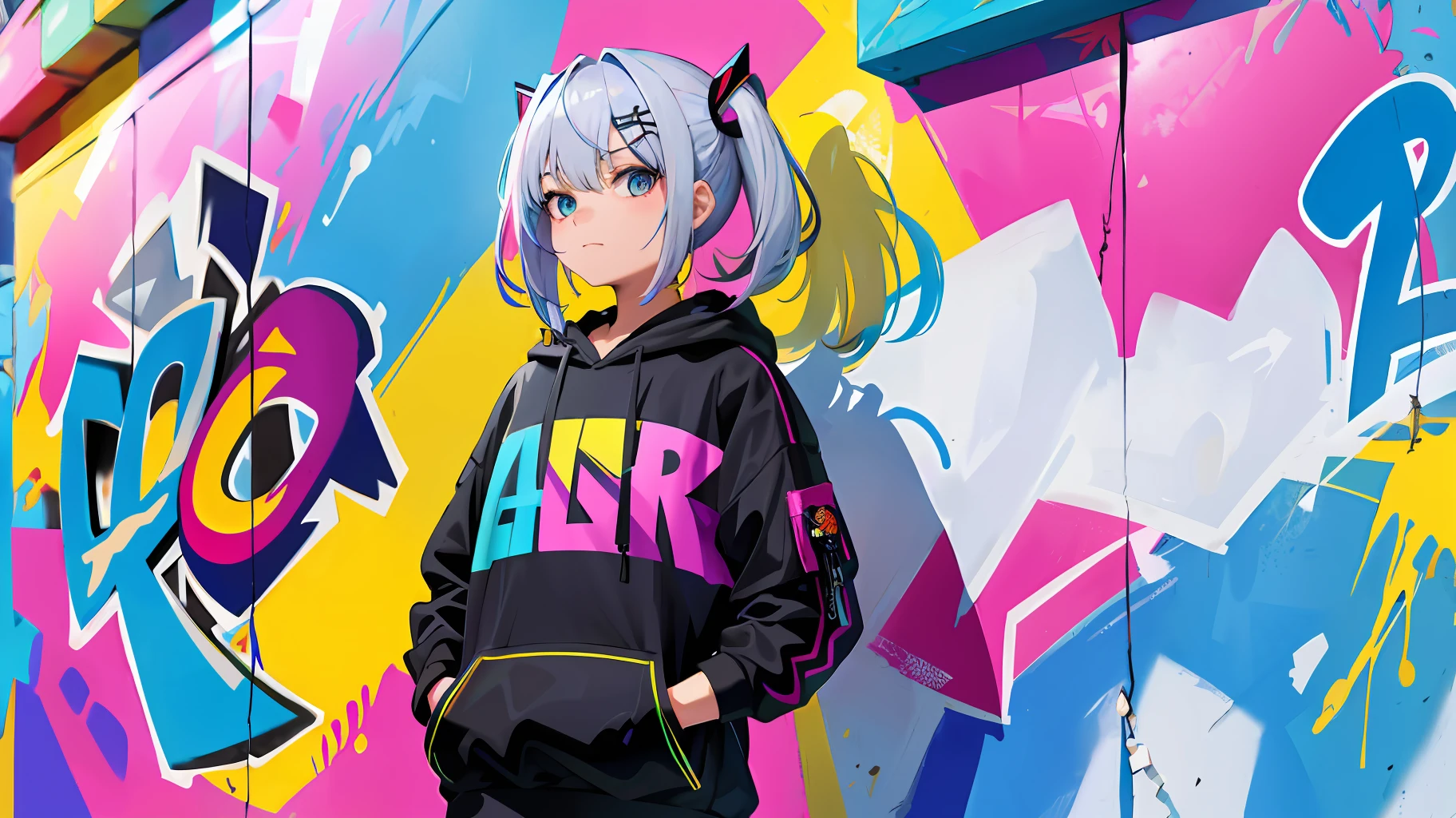 masterpiece, high quality, highres, absurdres, ultra-detailed, 8k, 1girl, platinum grey hair, blue hair, multicolored hair, gradient hair, looking at viewer, colorful eyes, colorful hoodie, (graffiti murals wall background:1.15), brilliant colorful paintings, bloom, portrait, cross hair ornament, closed mouth, waist bag, against wall, bangs, shadow, reflection