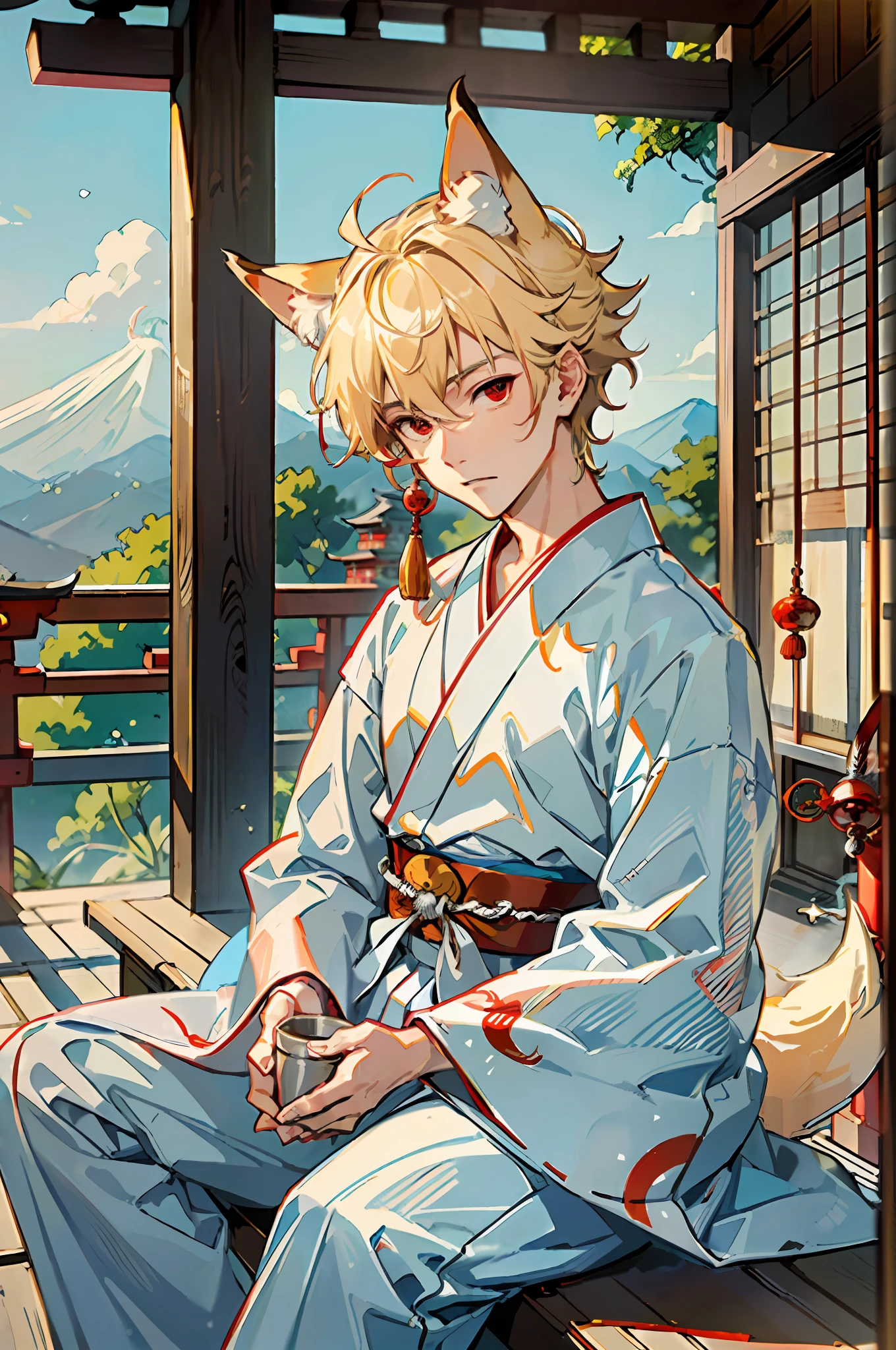 ((Masterpiece: 1.4, top quality)), one boy, blonde with spiked hair and red eyes, (Japan Shinto priest, white and light blue hakama: 1.3), sitting on the veranda and drinking alcohol, the scenery is a temple in Kyoto.