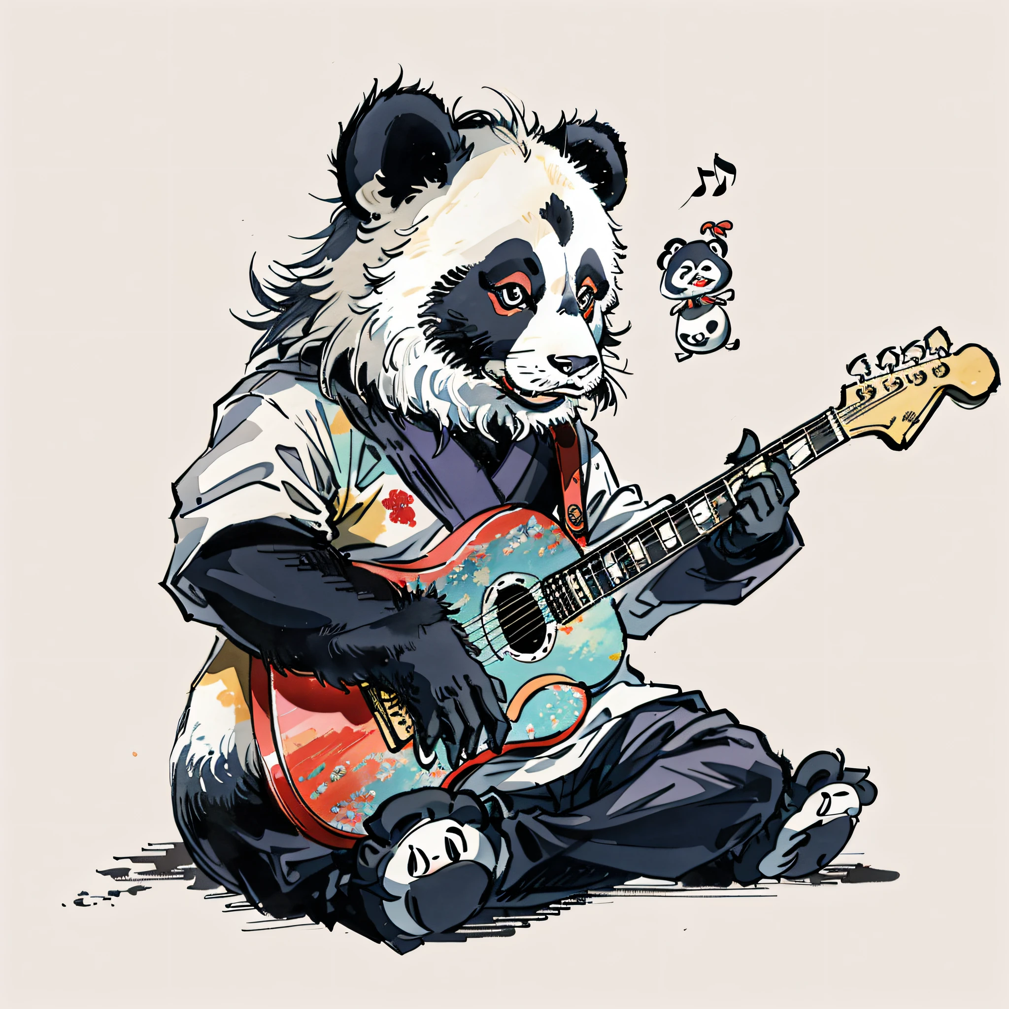 ukiyo-e, solo (digital painting), panda bear, panda panda, jam to music, panda, stratocaster, cute artwork, cute panda, very high quality artwork, lockout, high quality artwork, music is life, guitar solo, musician, cute detailed artwork, vibe to music, yanagawa nobusada, artwork, sachin ten, The Bard, Qu Leilei