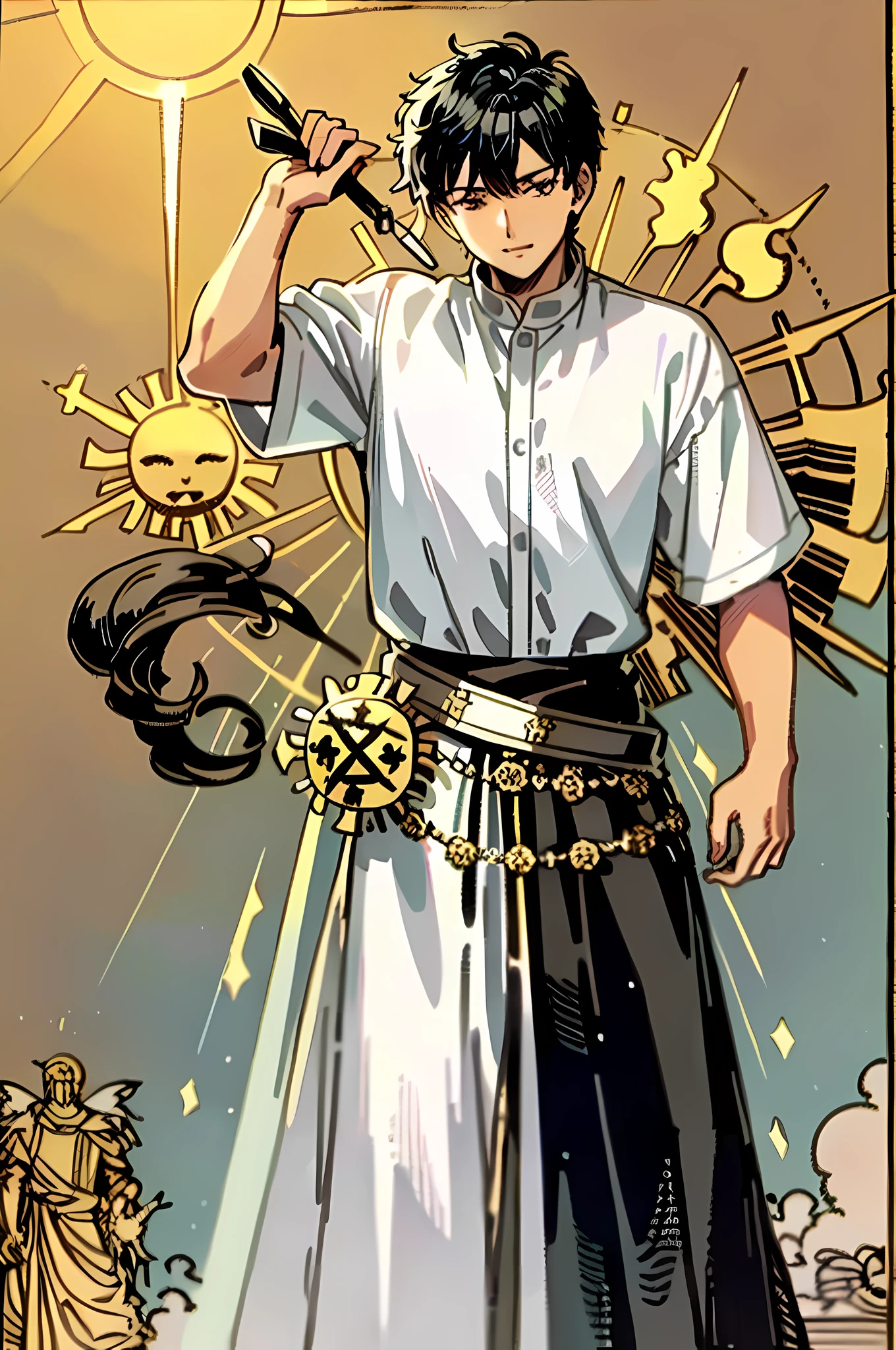 masterpiece, best quality, full body, tarot card, 1 man, the sun, happiness, happy, freedom, short hair, black hair, muscle, brush cut, the king, white shirt
