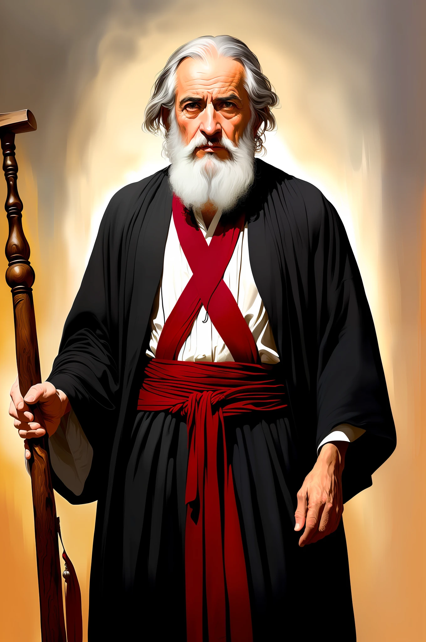A beautiful ultra-thin realistic portrait of Moses the prophet, an old Hebrew man, long gray hair, long gray beard, wearing black and red striped robe, holding a staff, in front view, full body, biblical, realistic, intricate details, por abbott fuller graves, bartolome esteban murillo, jc leyendecker, craig mullins, peter paul rubens, (caravaggio), trend in artstation, 8k, Concept Art, Fantasy Art, PhotoRealistic, Realistic, Illustration, Oil Painting, Surrealism, HyperRealistic, brush brushes, Digital art, style, watercolor