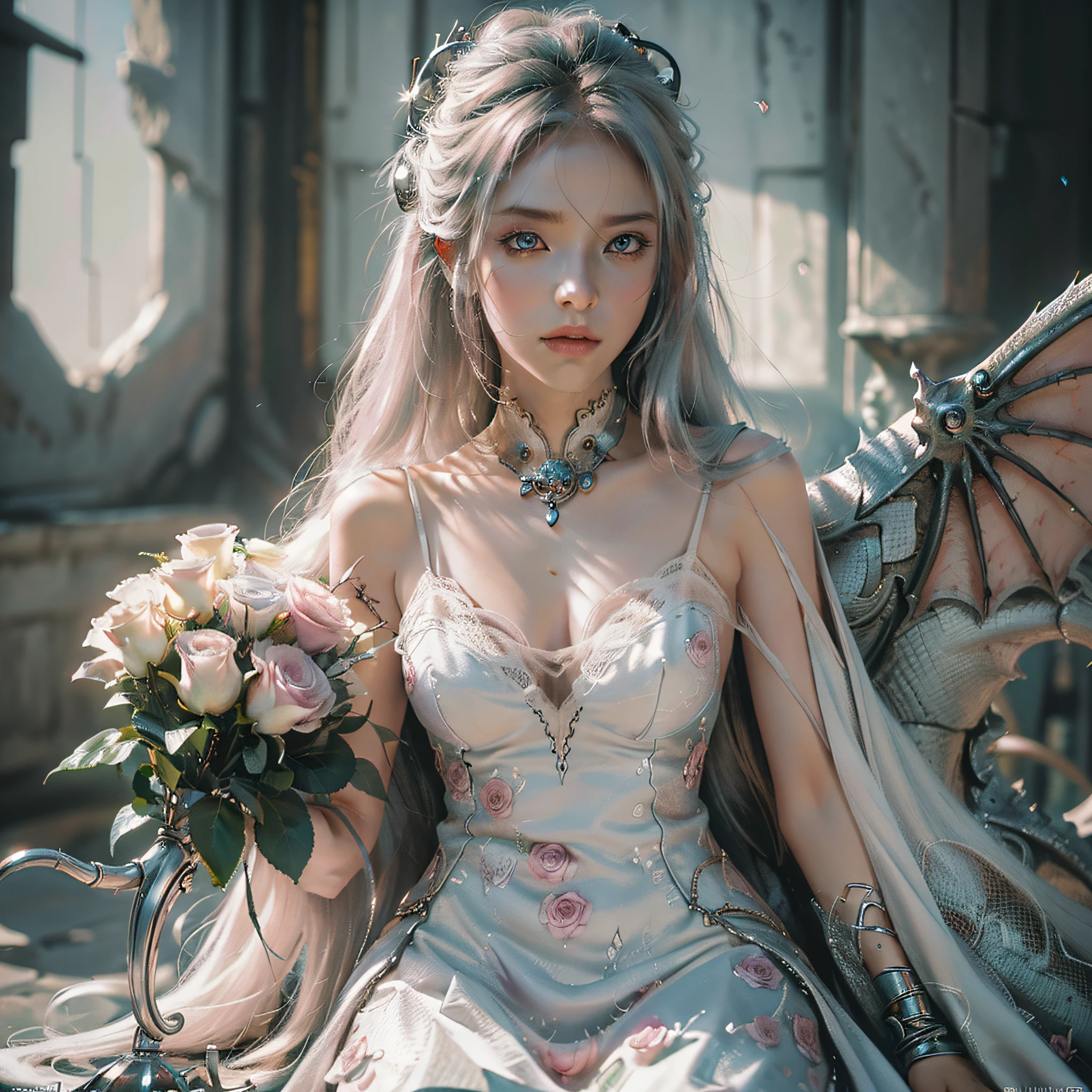 (Very detailed CG unified 8k wallpaper), (Masterpiece), (Best quality: 1.2), (High resolution), (Illustration: 1.1), (Cinema light: 1.1), Fine, Complex Detail, (Best Illustration), 8k resolution, Complex Detail, Best Quality, Real, Ultra detailed, Best lighting, Best shadows, Ultra HD, cryengine, Ultra HD, (Detailed reflections), Detailed shadows, (((Complex Details))), smooth, (( Perfect Shading)), high-quality metallic texture, metallic luster, highly detailed illustration, (semi realistic:1.6), (wide_shot:1.2), (from below, dutch_angle), dutch angle, ((cowboy shot)), (beautiful detailed eyes:1.1), beautiful detailed face: 1.1, (realistic body :1.2), looking at the audience, (A girl holding a white dragon, surrounded by pale pink rose flowers.) :1.6), (Shawl Scatter), Brush, (Glowing Eyes\[Rubik's Cube in the Eye [Colored Yellow]), Long Silver Hair, Hair Between Eyes, Sigma 135mm Lens, Lone Flower Around, Pale Pink Rose Flower (((Face to Face: 1.6))), Complex Background, Dynamic Camera Angle, Blood Rain Behind, (War Zone), (((High Quality Detailed Ruins))), (Depth of Field), ((Cinematic Lighting)), ((Horror)), ((Dark Fantasy)), lovecraftian, spot color, monotony, red, blood splatter, (best illumination), (hyper intricate details), (ultra-detailed), 4k unity, (extremely detailed CG:1.2), (8k:1.1), ((landscape)), Artstation, (by sui ishida, by Wenjun Lin, by stefan morrell)), dystopian art, apocalyptic art, ((semi-realism), (realism), (dynamic), (nixeu_basic2:0.5), silver-haired woman sitting next to a dragon statue in a white dress, dragon girl portrait, fantasy art style, detailed fantasy art, Rostland 8 K, WLOP and Rosteland, fantasy art Behance, Rostland and WLOP, digital fantasy art), beautiful fantasy art, Realistic fantasy artwork, Dragon Queen, epic fantasy art style, Dragon Girl, highly detailed fantasy art
